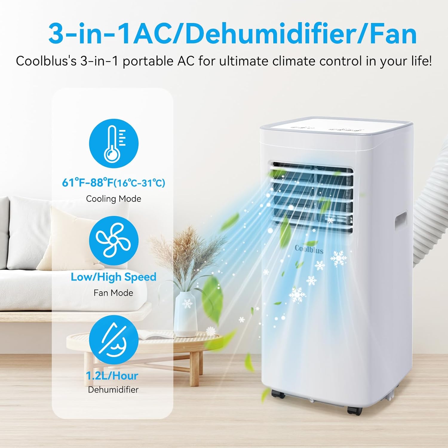 Portable Air Conditioner,8500 BTU portable ac up to 360 Sq,3 IN 1 with Remote Control,White