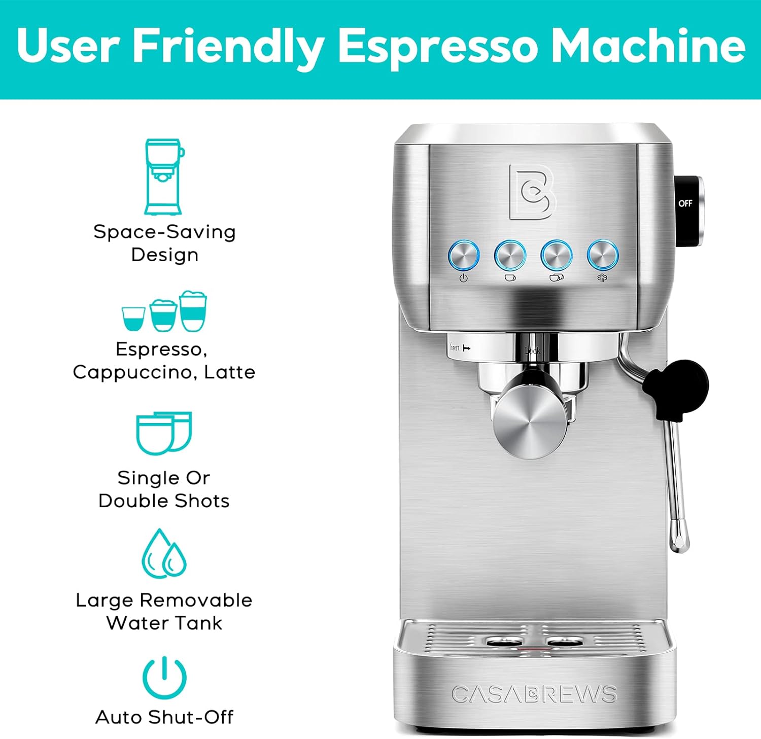 CASABREWS Espresso Machine 20 Bar, Professional Espresso Maker Cappuccino Machine with Steam Milk Frother, Stainless Steel Espresso Coffee Machine with 49oz Removable Water Tank, Gift for Dad Mom