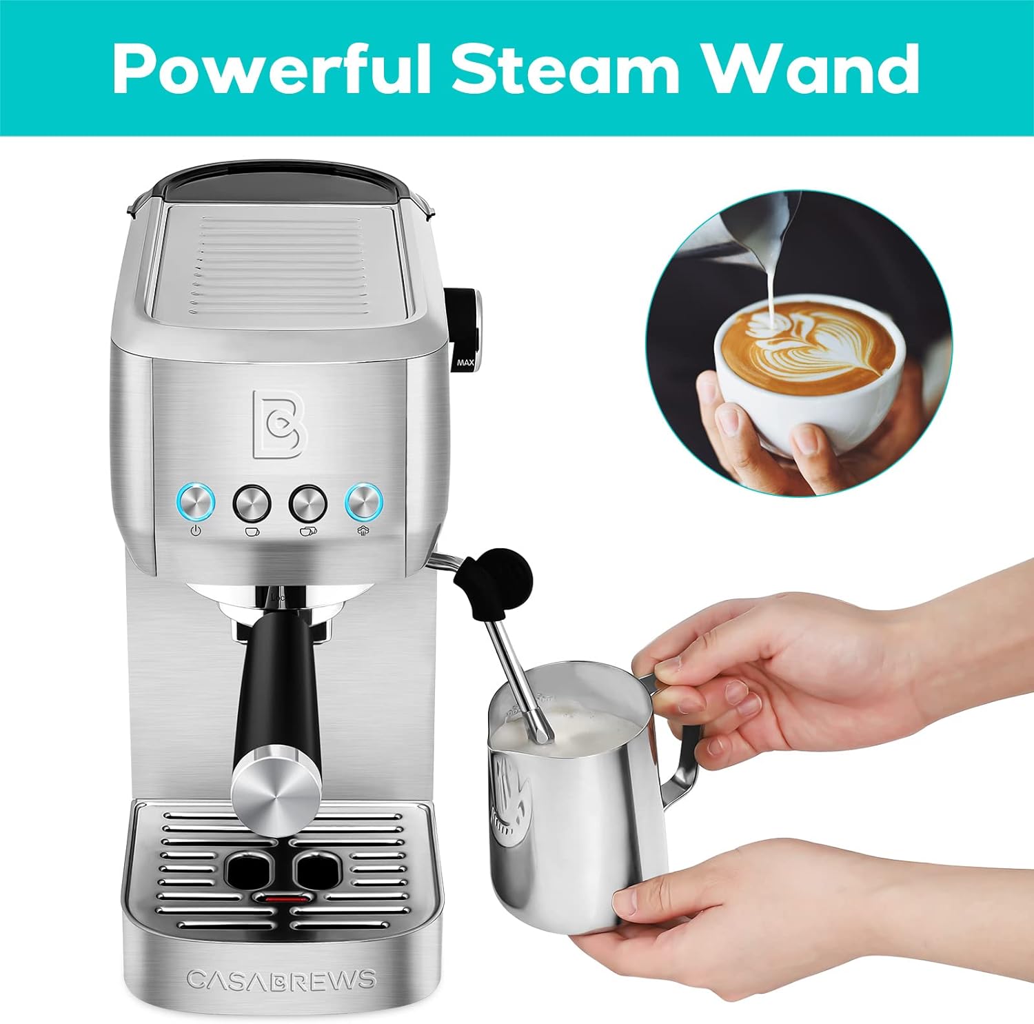 CASABREWS Espresso Machine 20 Bar, Professional Espresso Maker Cappuccino Machine with Steam Milk Frother, Stainless Steel Espresso Coffee Machine with 49oz Removable Water Tank, Gift for Dad Mom