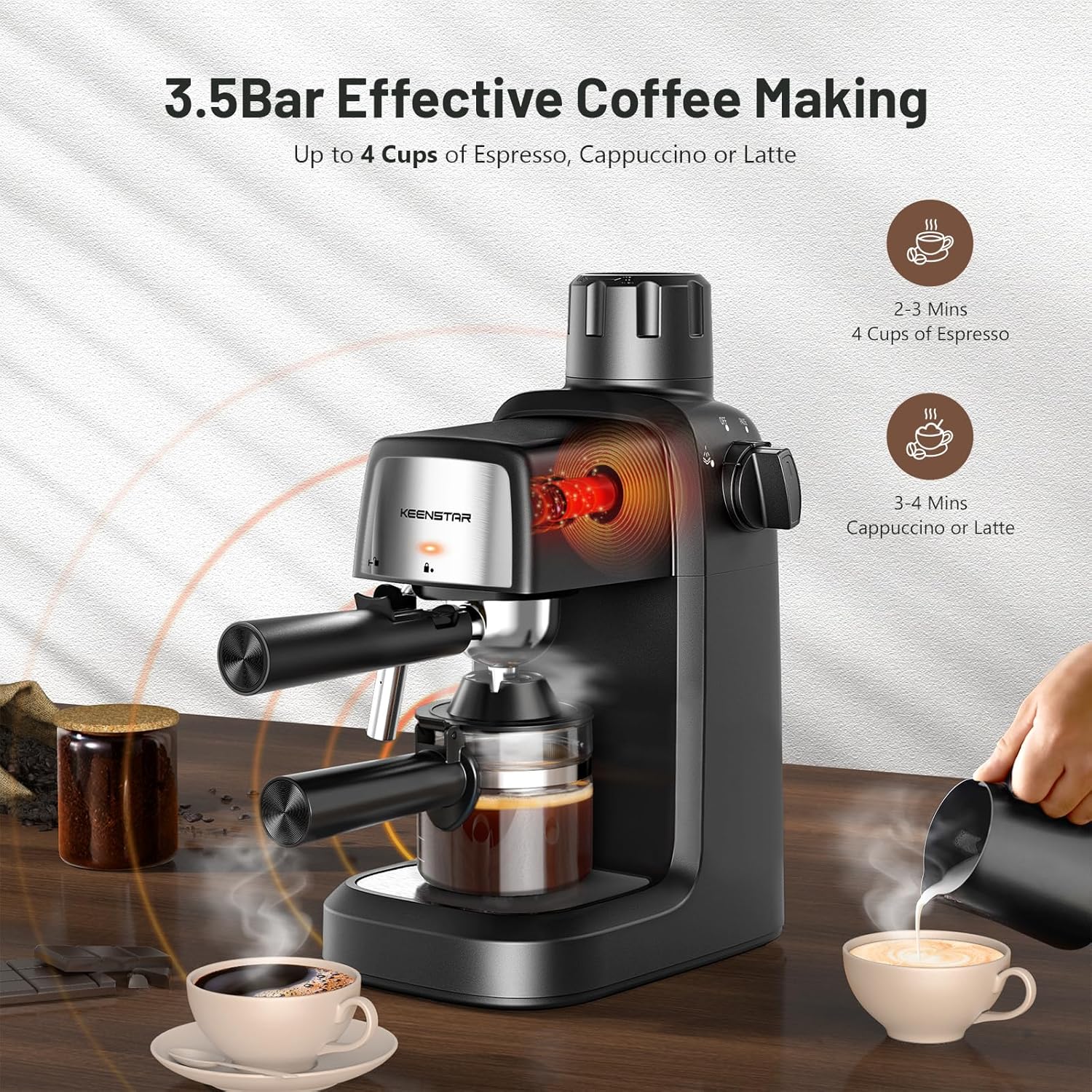 Coffee Machine, 3.5 Bar Espresso Cappuccino Machine, 800W with Milk Frother - 4 Cup Portable Coffee Maker for Latte, Cappuccino, Gift for Coffee Lover