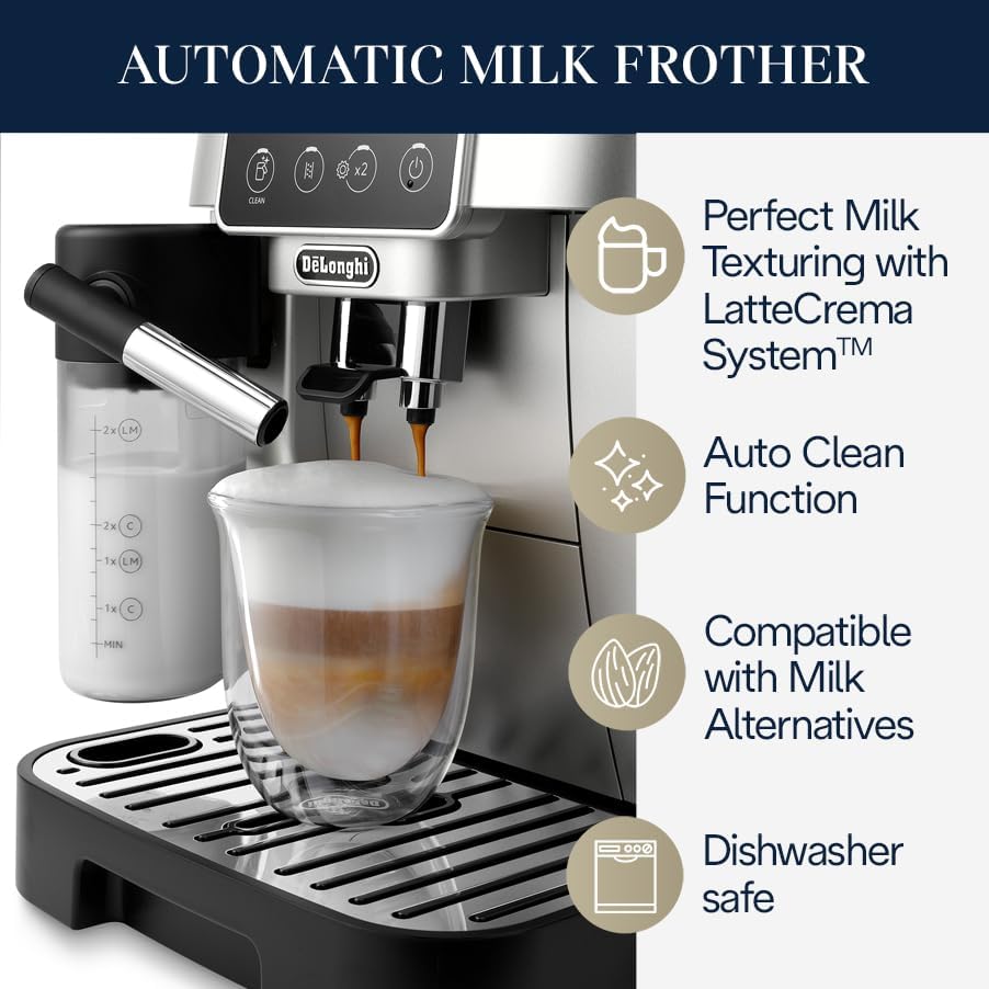 De'Longhi Magnifica Start Espresso & Coffee Machine with Automatic Milk Frother, One Touch Latte, Cappuccino, Built-in Grinder, Silver, ECAM22080SB