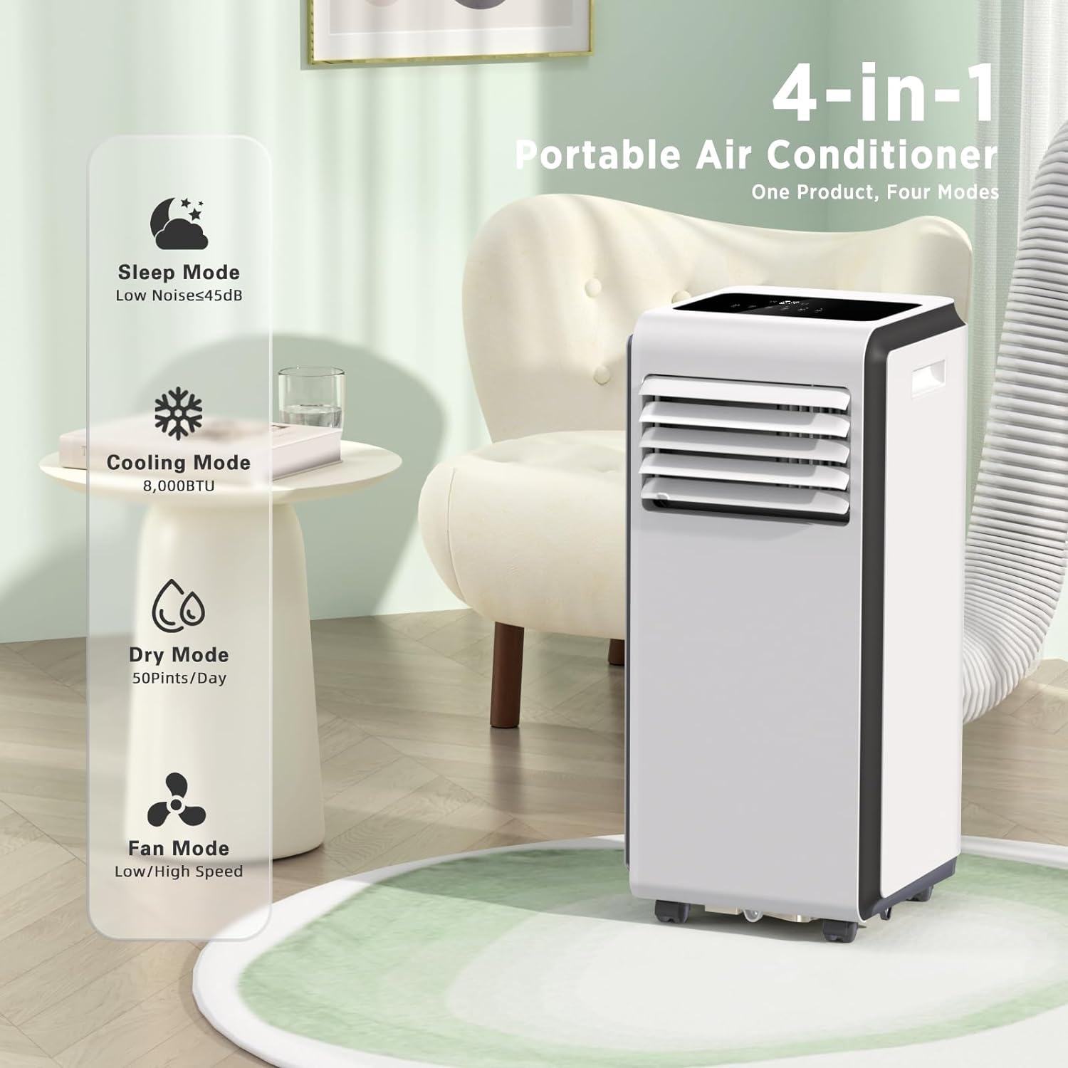 ZAFRO 8,000 BTU Portable Air Conditioners Cool Up to 350 Sq.Ft, 4 Modes Portable AC with Cool/Dehumidifier/Fan Modes/Remote Control/24Hrs Timer/Installation Kits for Home/Office/Dorms, White