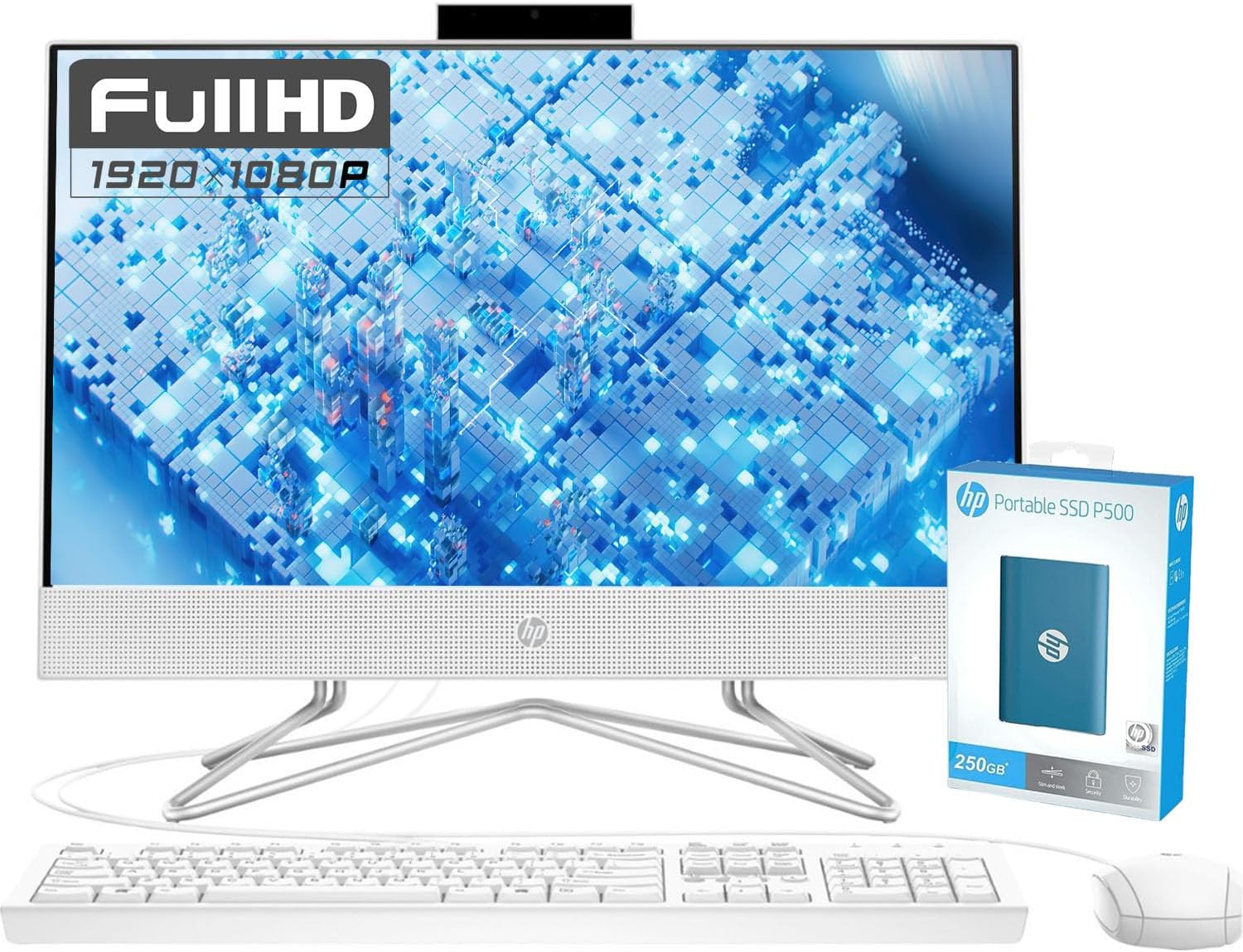 HP All-in-One Desktop Computer, 21.5" 1080P FHD Display, 32GB RAM, 1TB SSD, Intel Duel Core Celeron Processor, Webcam, WiFi, HDMI, Wired Keyboard&Mouse, P500 Portable SSD, Windows 11