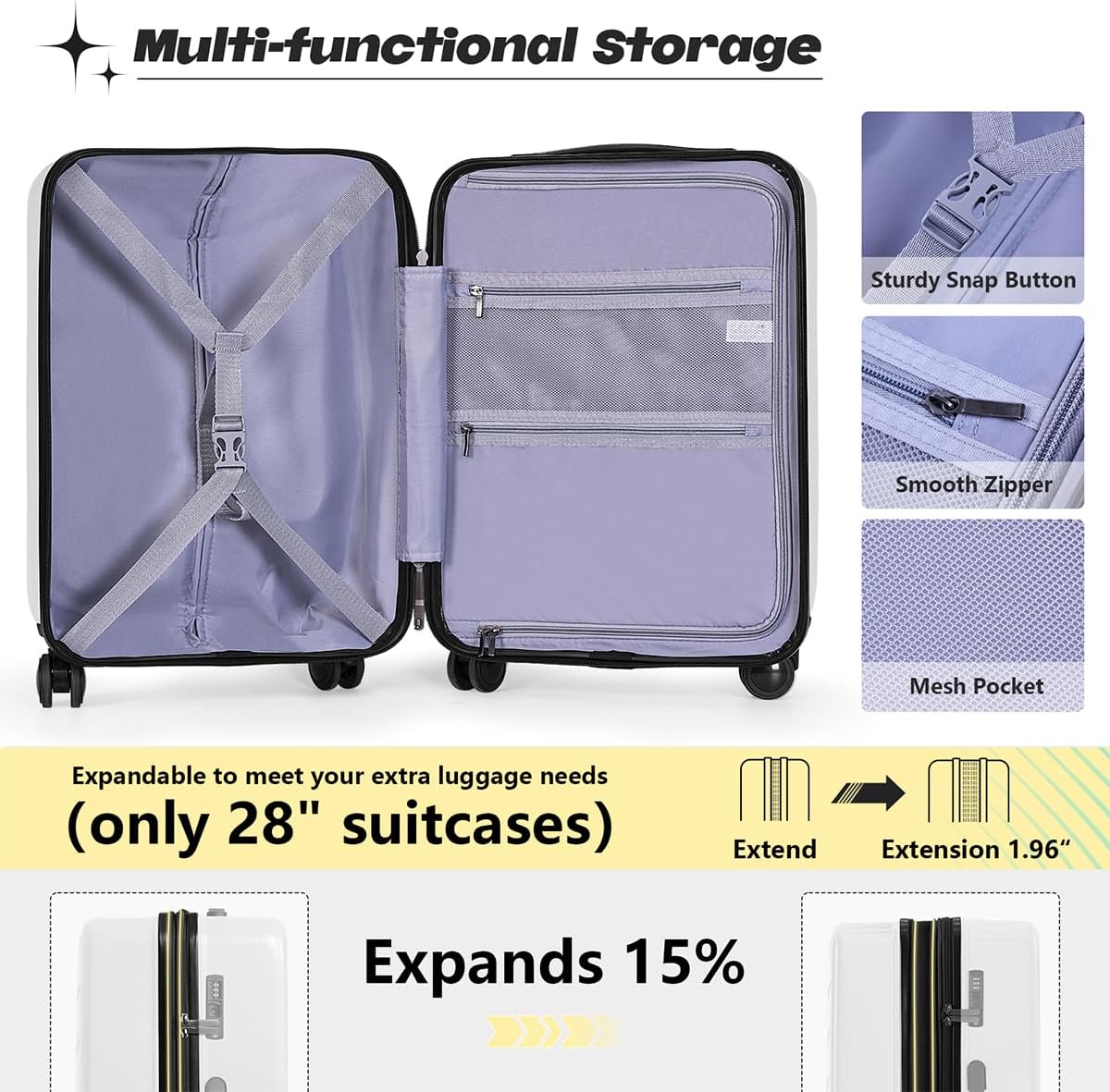 AnyZip Carry On Luggage 20'' Suitcase with Pocket Compartment ABS+PC Spinner Wheels TSA Lock White