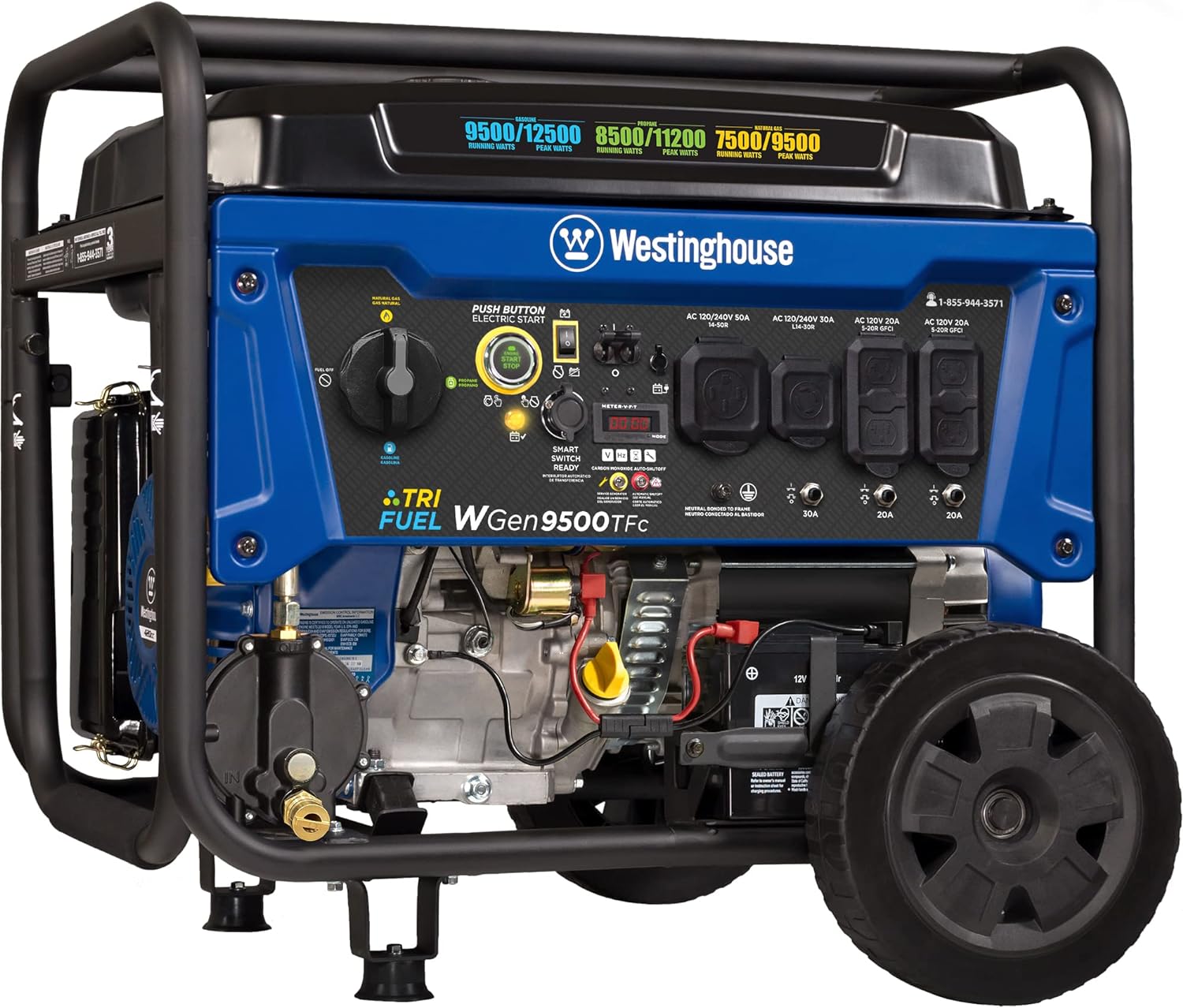 Westinghouse Outdoor Power Equipment 12500 Peak Watt Tri-Fuel Home Backup Portable Generator, Remote Electric Start, Transfer Switch Ready, Gas, Propane, and Natural Gas Powered