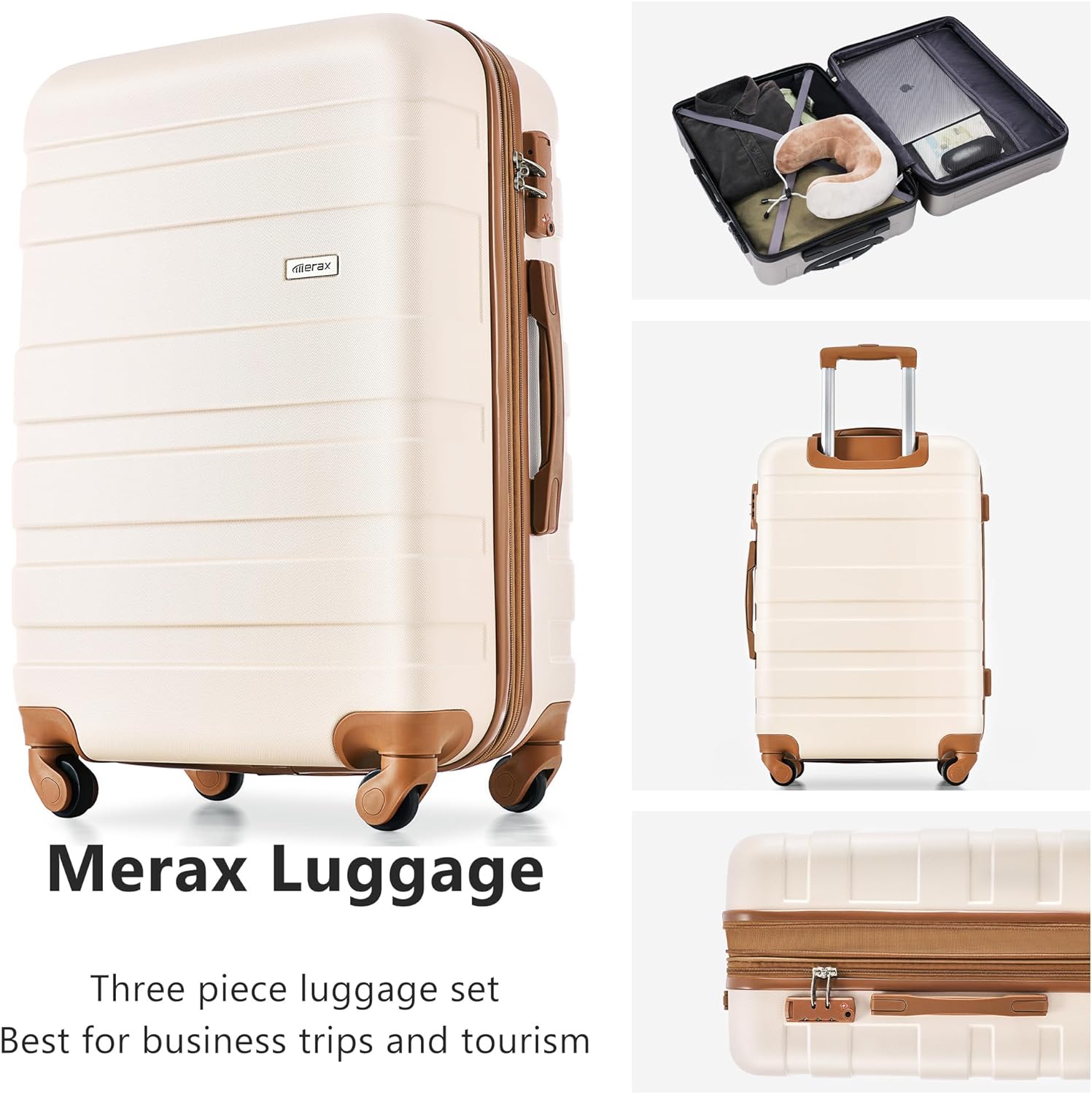 Merax 3 Pcs ABS Hardside Luggage Set Spinner Wheel Suitcase TSA Lock, Brown/Ivory, 20/24/28 Inch