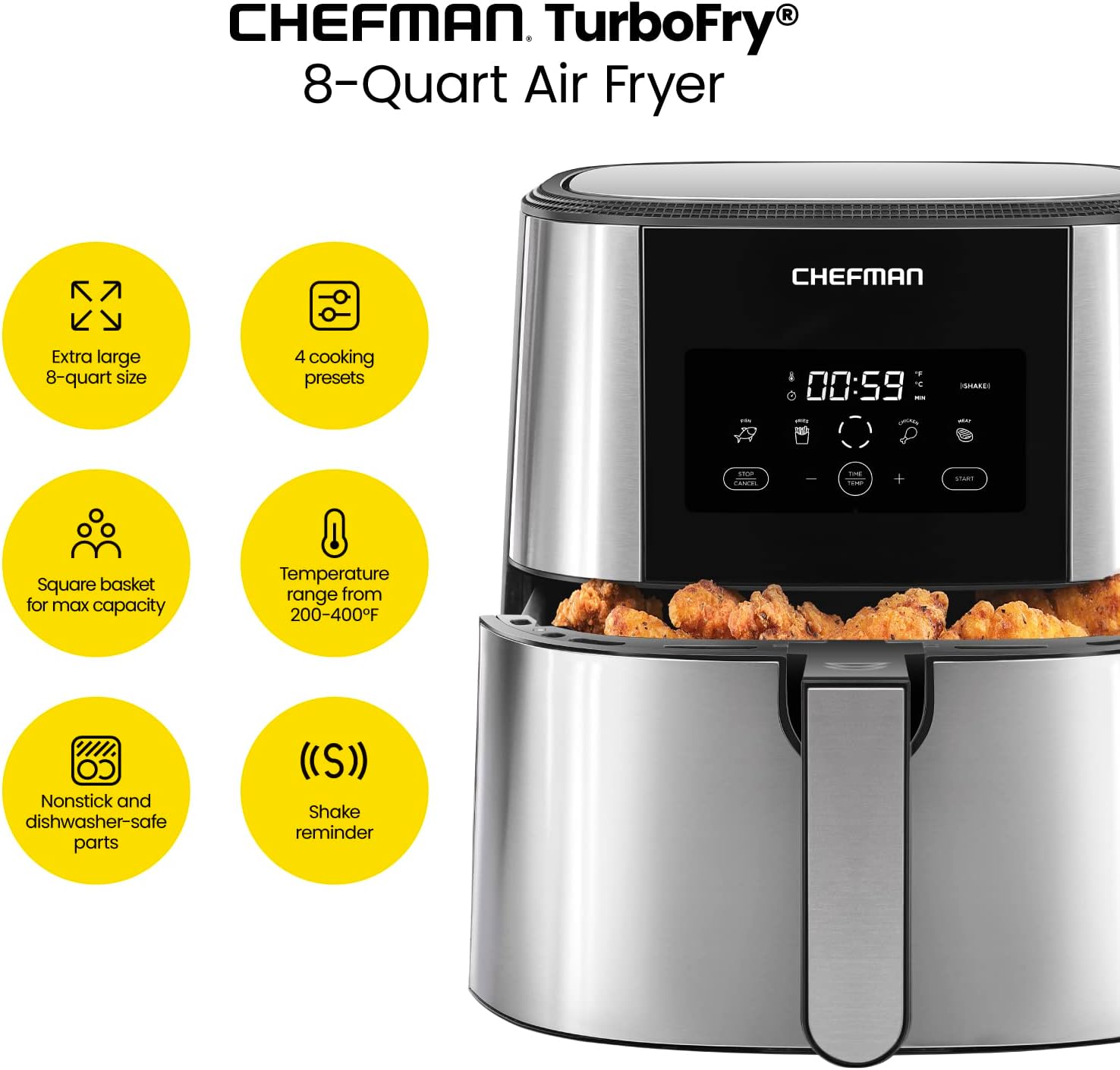 Chefman TurboFry® Touch Air Fryer, XL 8-Qt Family Size, One-Touch Digital Control Presets, French Fries, Chicken, Meat, Fish, Nonstick Dishwasher-Safe Parts, Automatic Shutoff, Stainless Steel