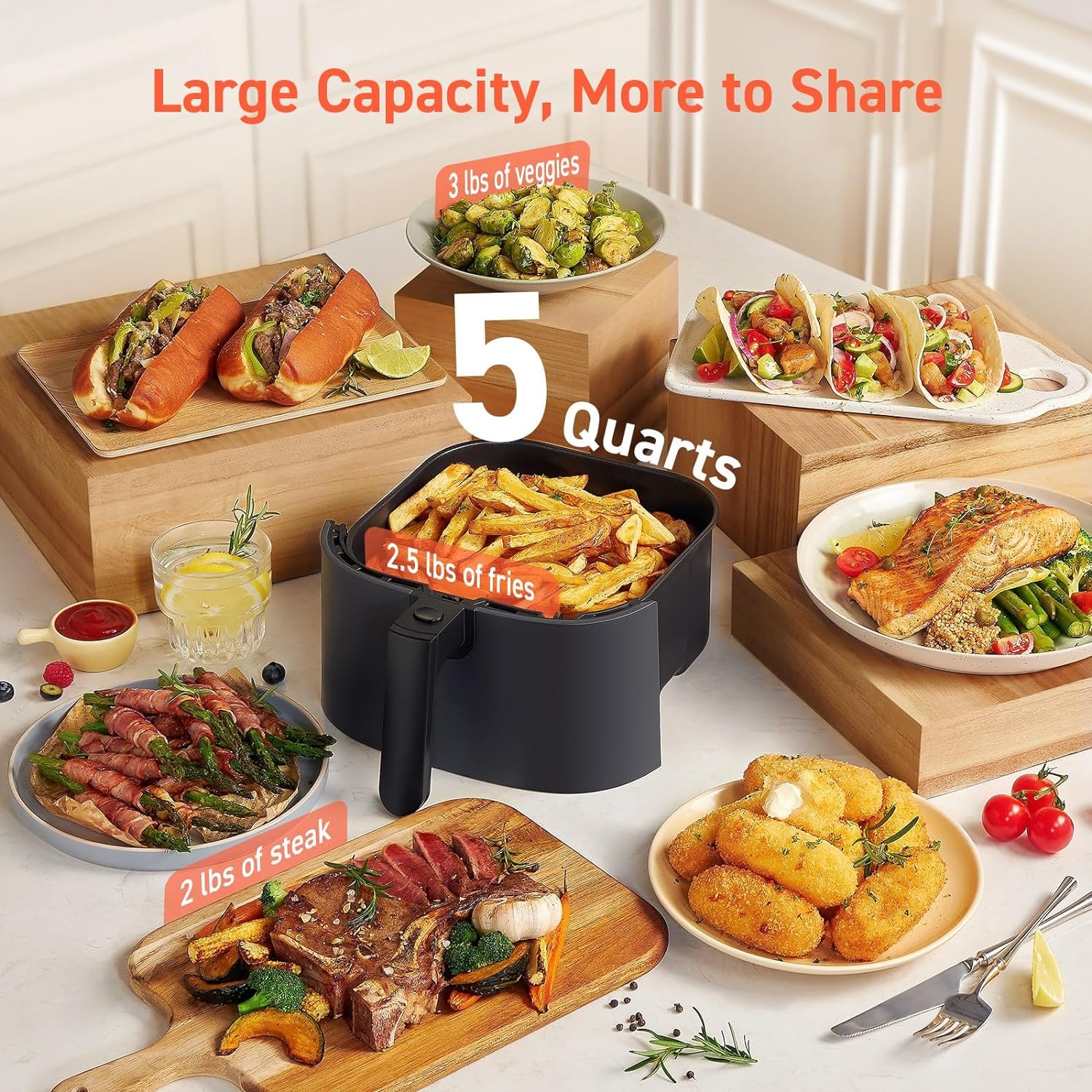 COSORI Air Fryer Compact 5 Qt, Max 450F for Juicy Meat, 9-in-1 with 130+ Nutrition Facts Included In-App & Paper Recipes for Quick Meal, Little to No Oil, Dishwasher Safe, Perfect for Small Family