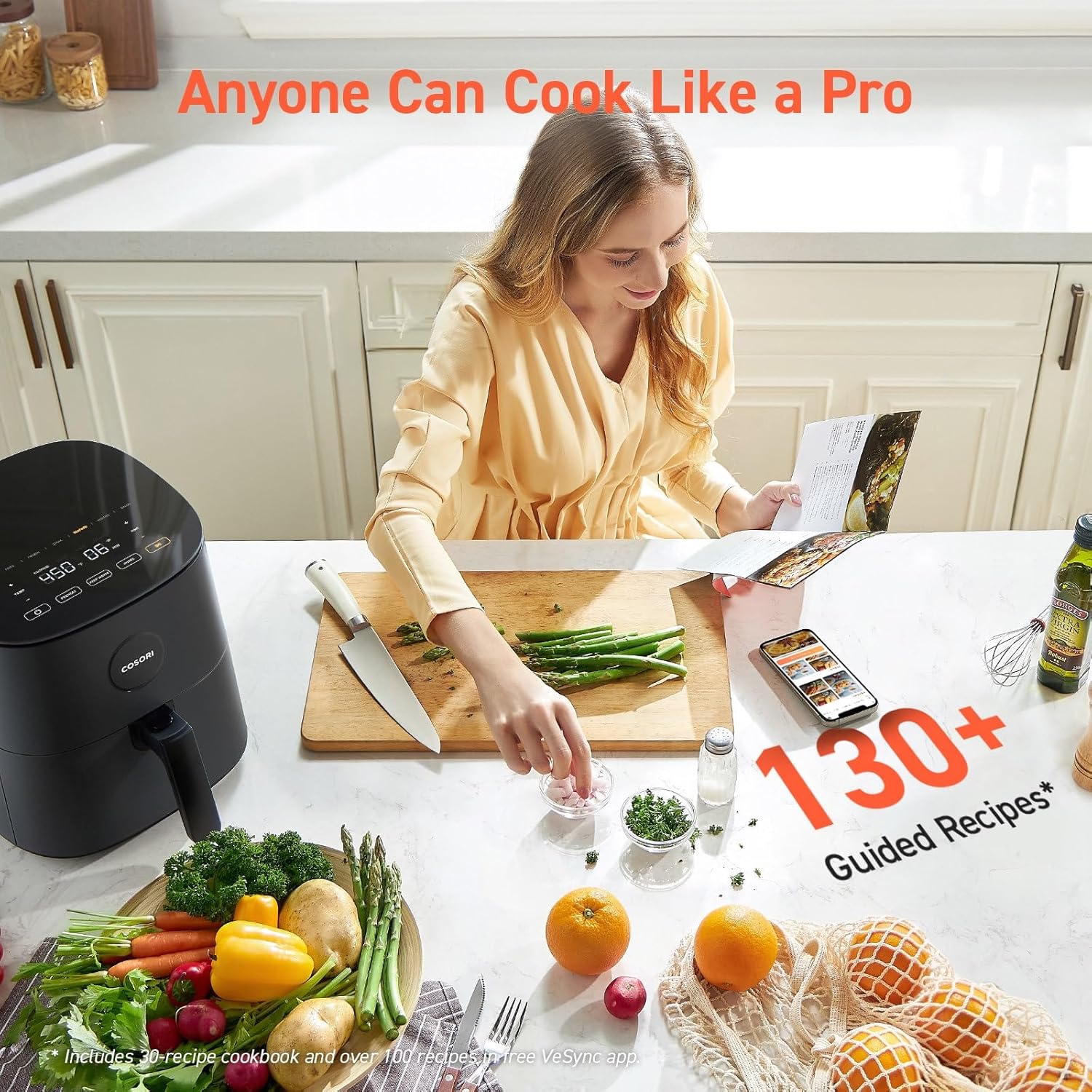 COSORI Air Fryer Compact 5 Qt, Max 450F for Juicy Meat, 9-in-1 with 130+ Nutrition Facts Included In-App & Paper Recipes for Quick Meal, Little to No Oil, Dishwasher Safe, Perfect for Small Family