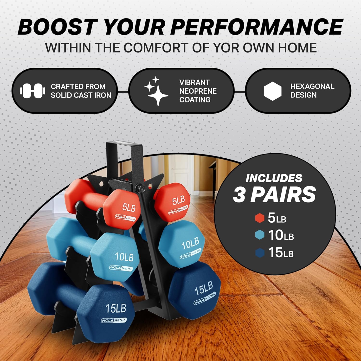 HolaHatha 2, 3, 5, 8, and 10 Pound Neoprene Dumbbell Free Hand Weight Set with Rack, Ideal for Home Exercises to Gain Tone and Definition, Pastel