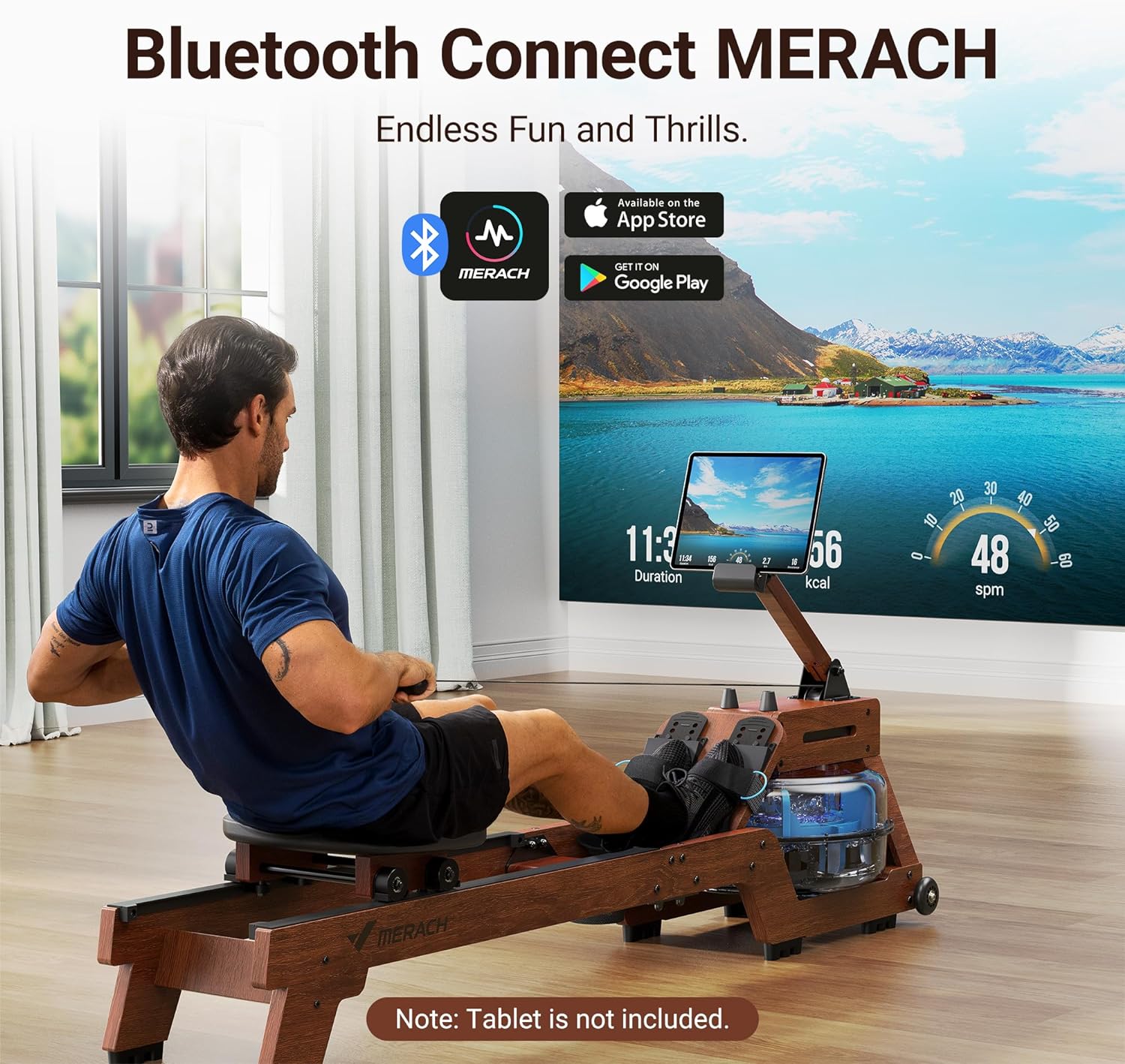 MERACH Water Rowing Machine for Home Use, Finest Solid Wood Row with Professional Monitor, Bluetooth-Connected APP for Immersive Rower, Newly Upgraded Seat Cushion and 10 Min Easy Assembly, Max 330lb