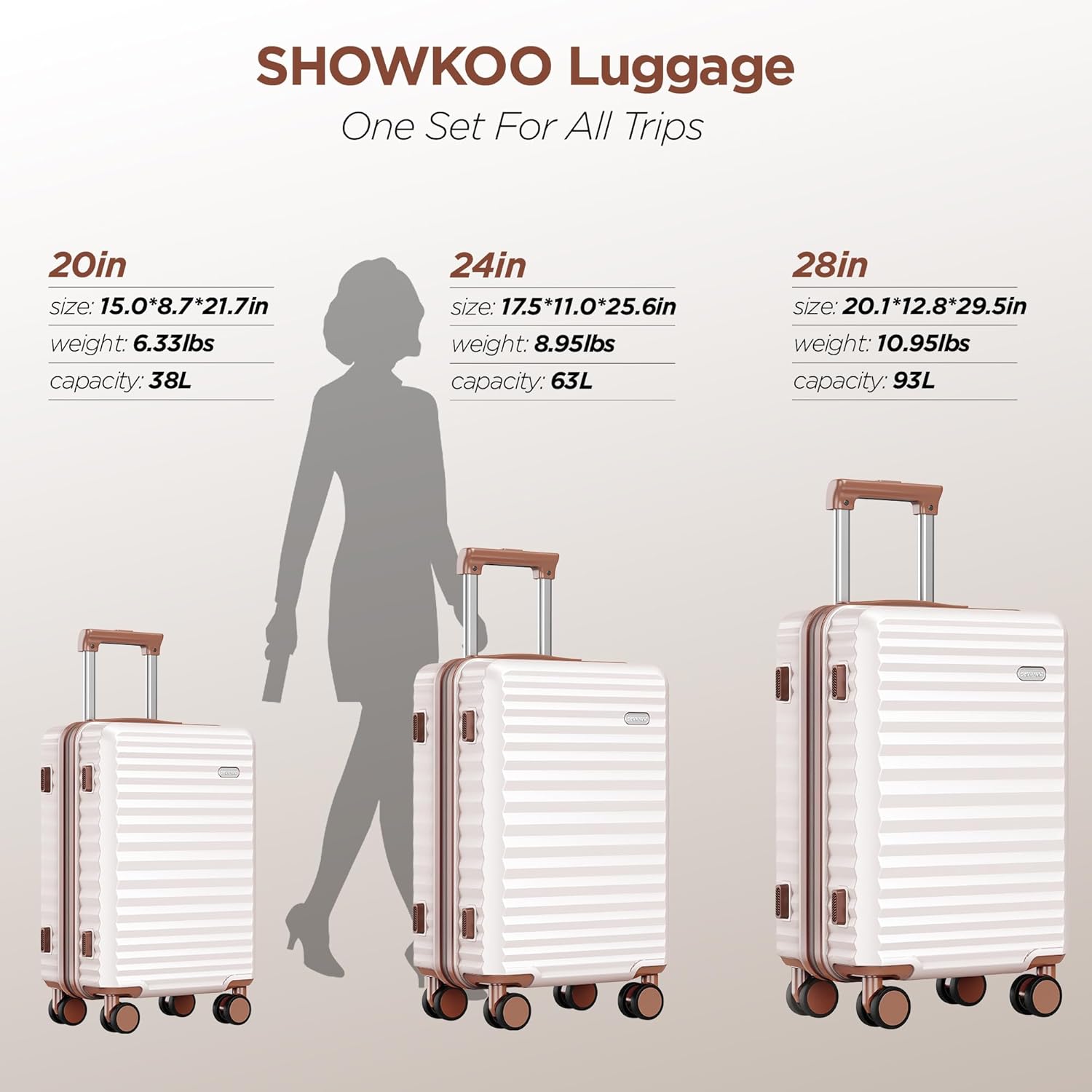 SHOWKOO Luggage Sets 3 Piece Hardside Expandable Suitcase with Double Spinner Wheels Tsa Lock Beige White (20in/24in/28)