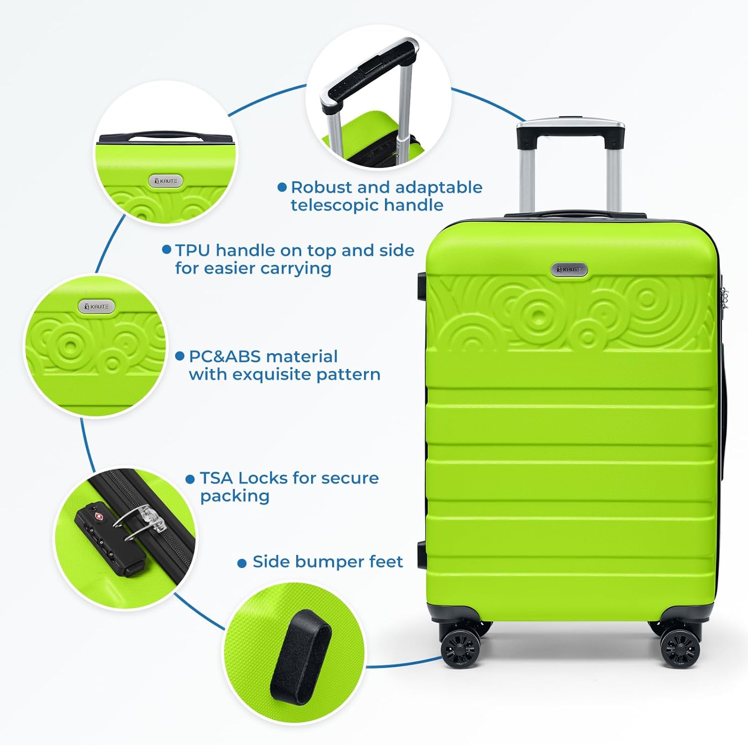 Krute Suitcases with Wheels, 24 Inch Checked Luggage with Spinner Wheels, Lightweight PC ABS TSA Lock Hard Shell Luggage Unique Patterns（AppleGreen）