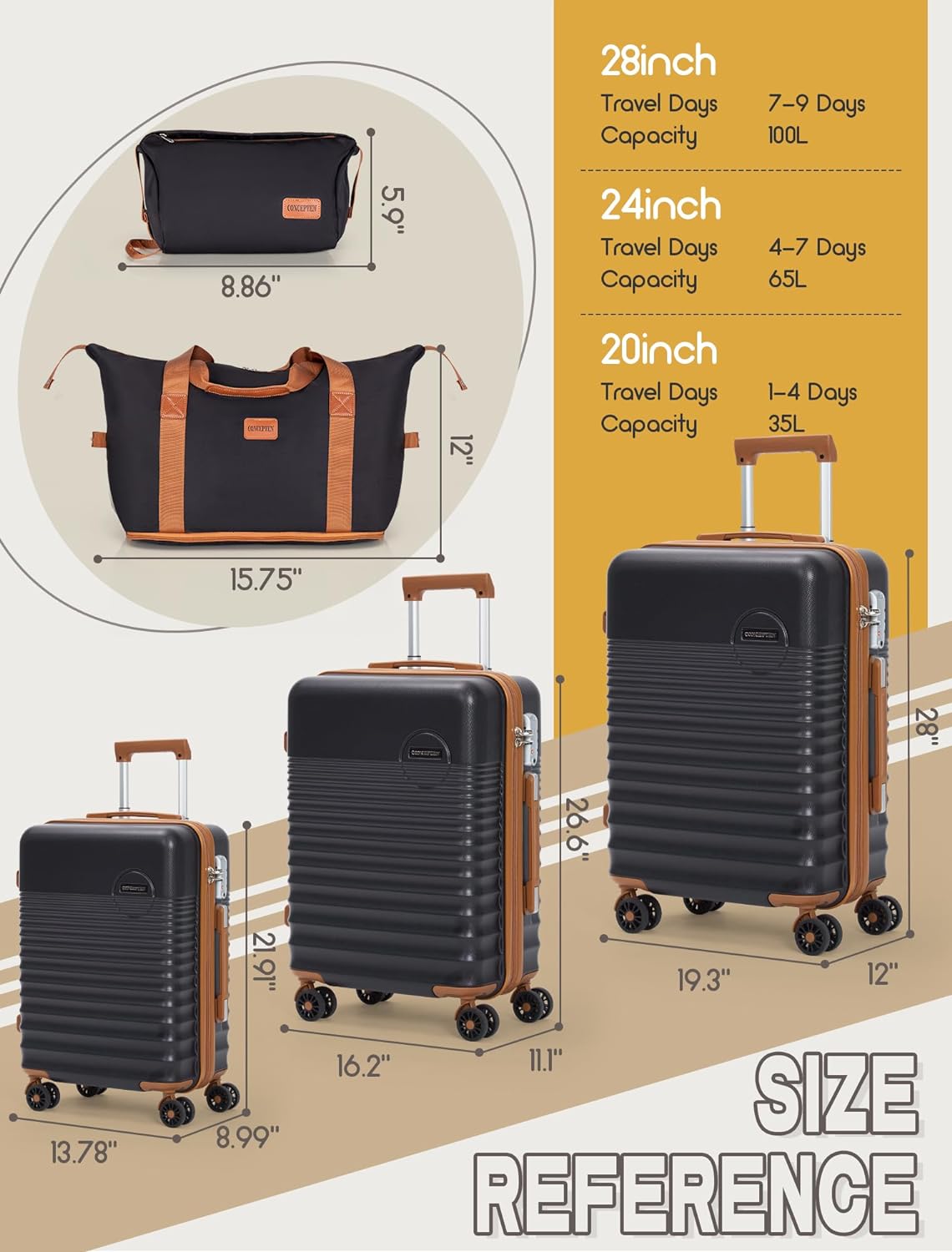 CONCEPTEN Luggage Sets 3 Piece, Suitcases with Wheels, Hardshell Suitcase Set, ABS Carry on Luggage Set with TSA Lock, Travel Luggage