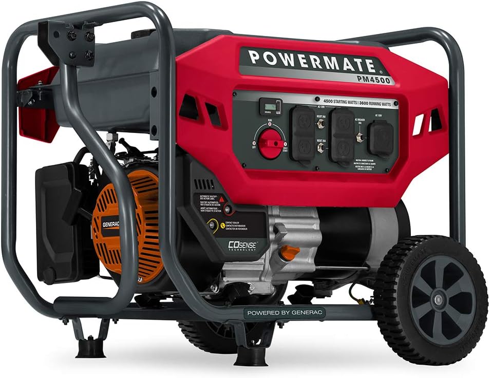 Powermate PM4500 4,500-Watt Gas-Powered Portable Open Frame Generator - COsense Technology - Quiet Operation - Ideal for Home, Camping, RV and Outdoor Activites - Engine Powered by Generac - Red/Black