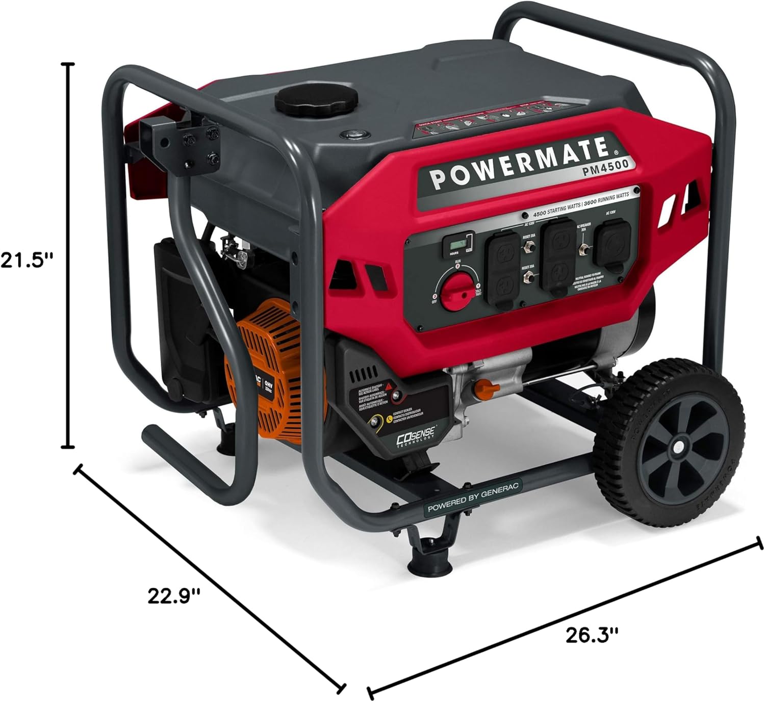 Powermate PM4500 4,500-Watt Gas-Powered Portable Open Frame Generator - COsense Technology - Quiet Operation - Ideal for Home, Camping, RV and Outdoor Activites - Engine Powered by Generac - Red/Black