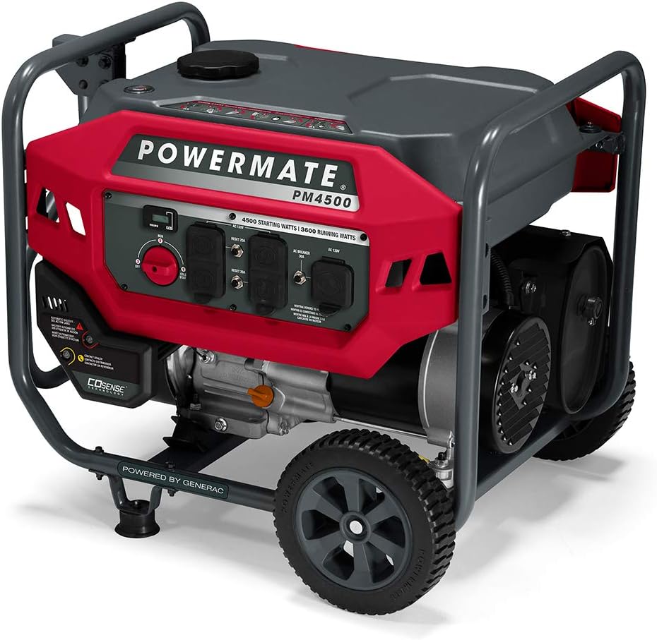 Powermate PM4500 4,500-Watt Gas-Powered Portable Open Frame Generator - COsense Technology - Quiet Operation - Ideal for Home, Camping, RV and Outdoor Activites - Engine Powered by Generac - Red/Black