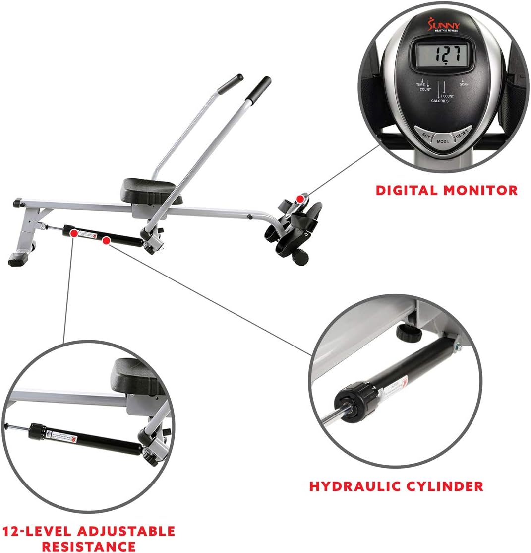 Sunny Health & Fitness SMART Compact Full Motion Rowing Machine, Full-Body Workout, Low-Impact, Extra-Long Rail, 350 LB Weight Capacity and Optional SunnyFit® App Enhanced Connectivity