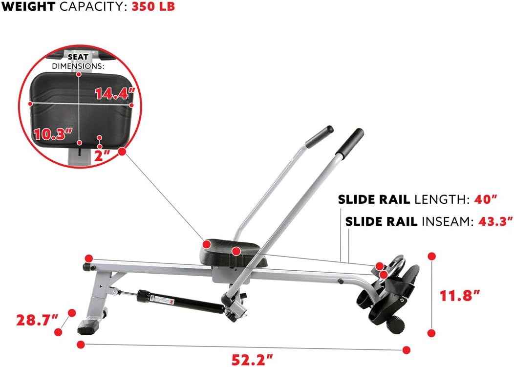 Sunny Health & Fitness SMART Compact Full Motion Rowing Machine, Full-Body Workout, Low-Impact, Extra-Long Rail, 350 LB Weight Capacity and Optional SunnyFit® App Enhanced Connectivity