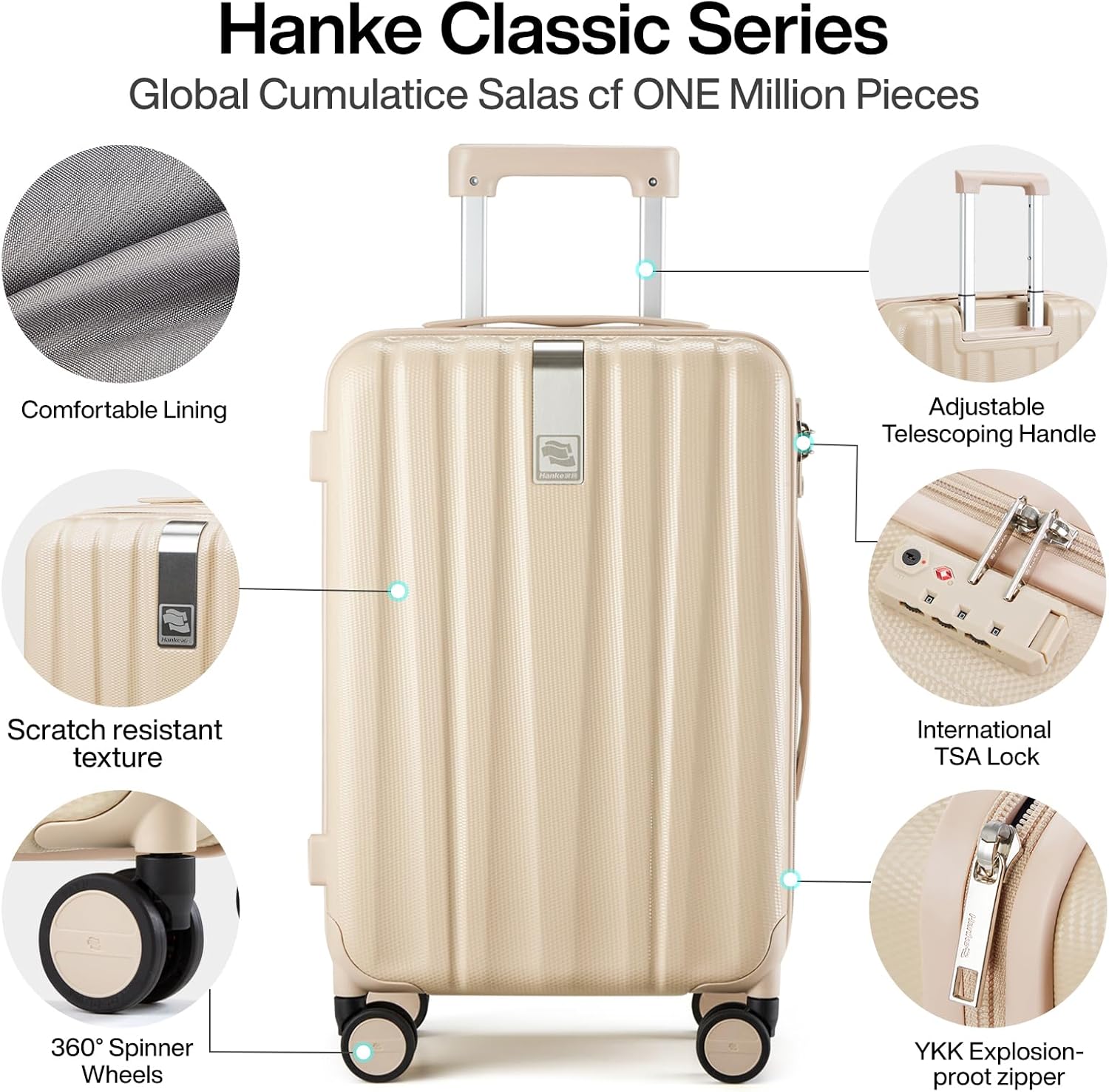 Hanke Luggage Sets 3 piece Carry On Luggage with Wheels PC Hard Shell Suitcases Lightweight Checked Tsa Luggage Large Travel Suitcase Woman Men 20/24/29 Inch(Cuba Sand)