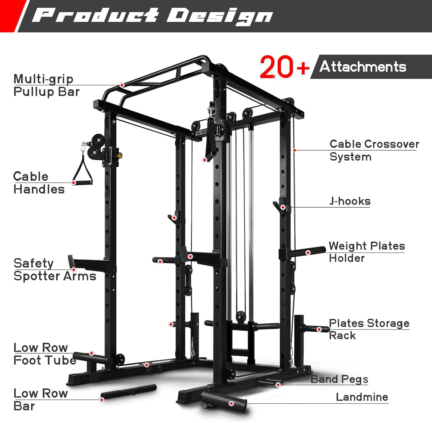 RitFit Multi-function Squat Rack Power Cage PPC03 with Cable Crossover System, 1000LBS Capacity Power Rack and Packages with Optional Weight Bench, Olympic Barbell Weight Set, for Garage & Home Gym