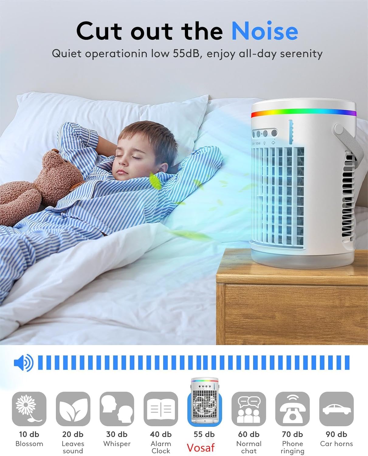 Portable Air Conditioners with Remote,Vosaf 1400ml Evaporative Mini Air Conditioner 4-IN-1 Portable AC Unit, 7 Color Lights Personal Air Conditioner Portable for Room Bedroom Office Camping