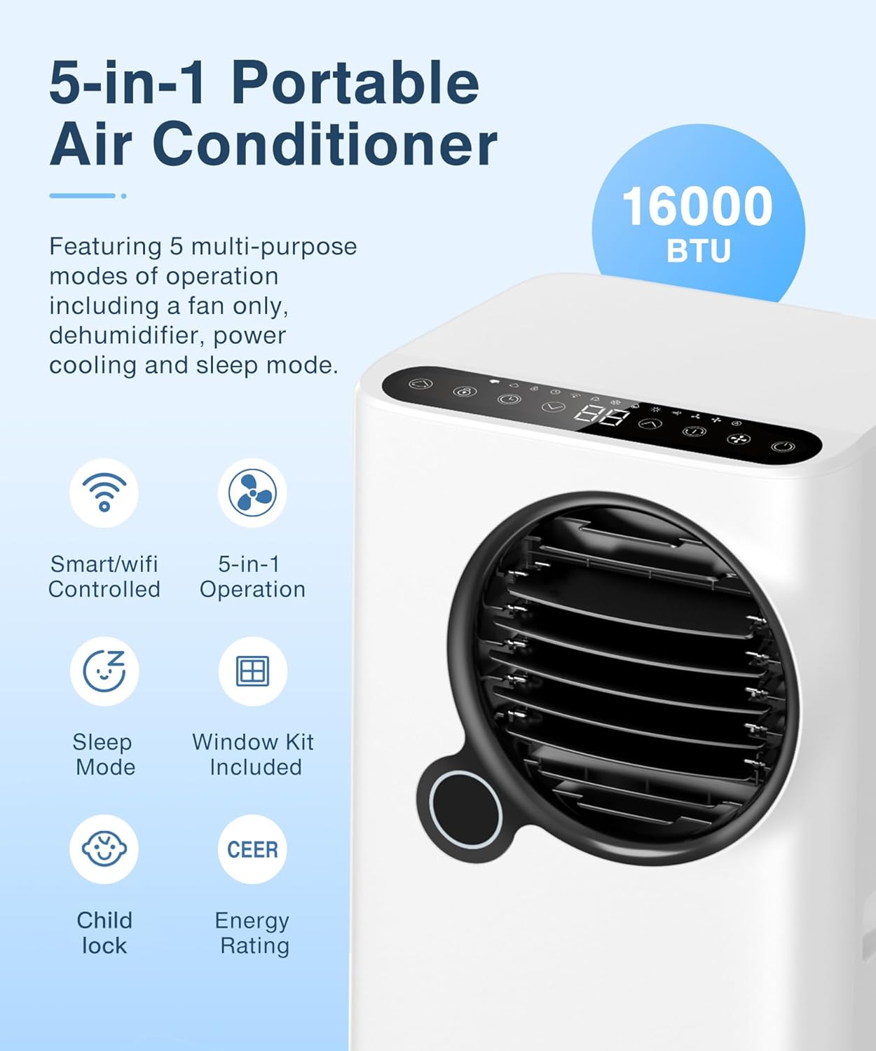 Portable Air Conditioners, 16000 BTUs 5 in 1 Portable AC Unit for Room with Wifi App Control Cooling & Dehumidifier/Fan/Heat/Auto Swing/Sleep/24H Timer Remote Window Kit Included