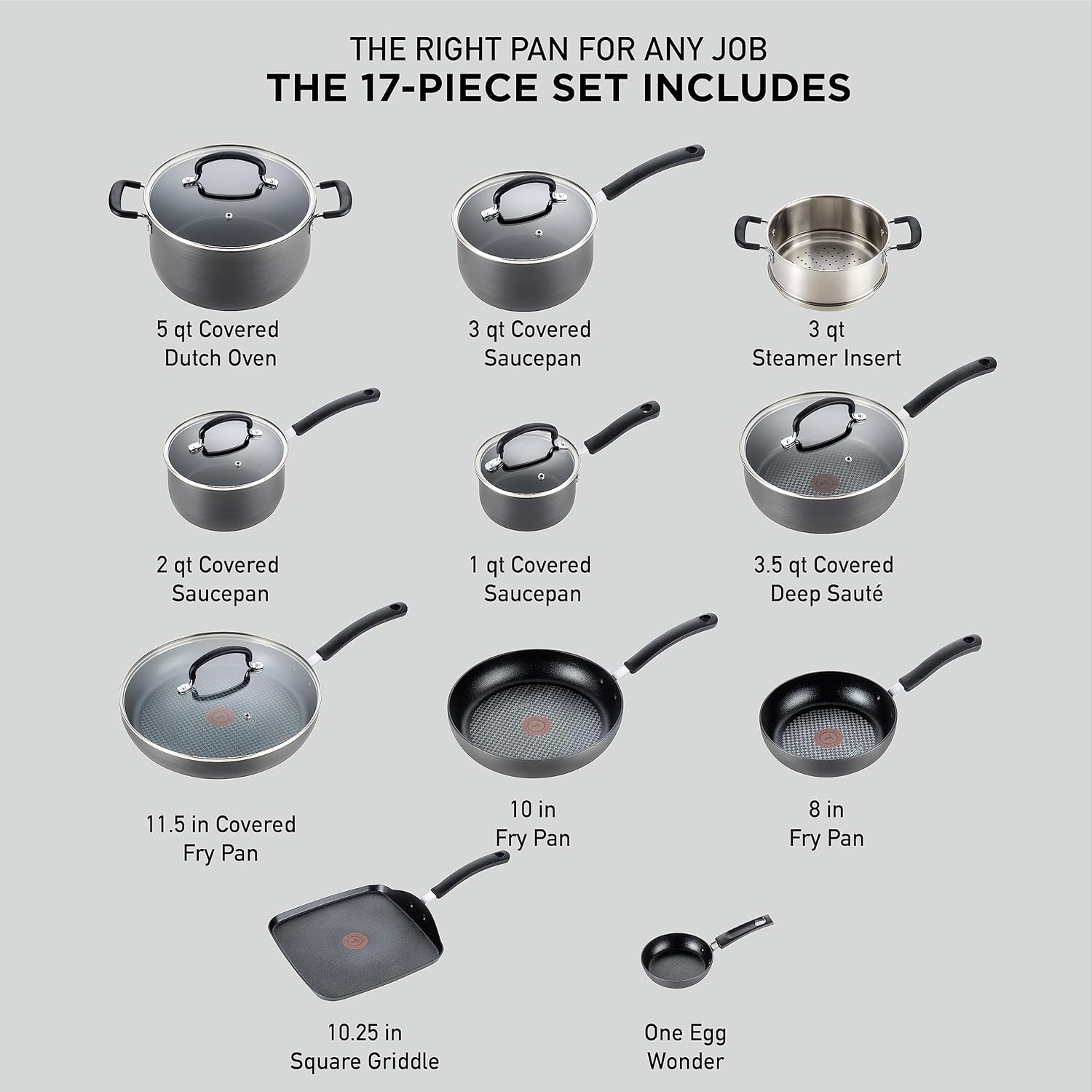 T-fal Ultimate Hard Anodized Nonstick Cookware Set 17 Piece, Oven Broiler Safe 400F, Lid Safe 350F, Kitchen Cooking Set w/ Fry Pans, Saucepans, Saute Pan, Griddle, Pots and Pans, Dishwasher Safe Black