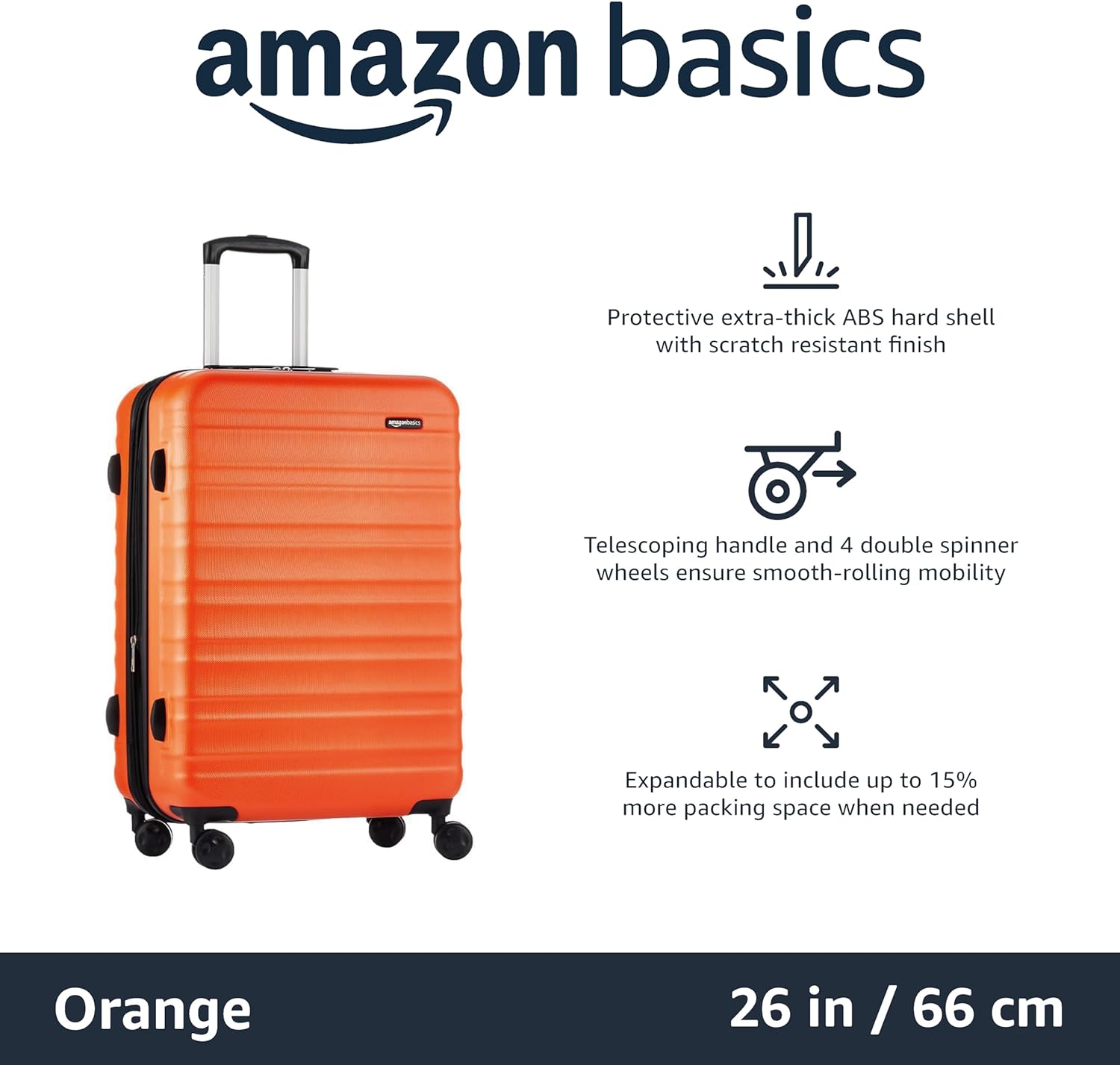 Amazon Basics Expandable Hardside Luggage, 24-inch Suitcase with Four Spinner Wheels and Scratch-Resistant Surface, Orange