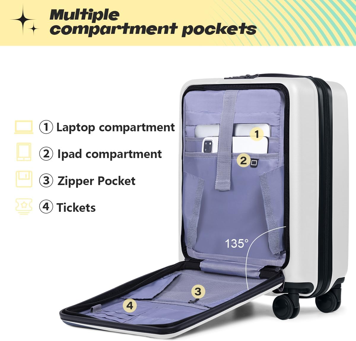 AnyZip Carry On Luggage 20'' Suitcase with Pocket Compartment ABS+PC Spinner Wheels TSA Lock White