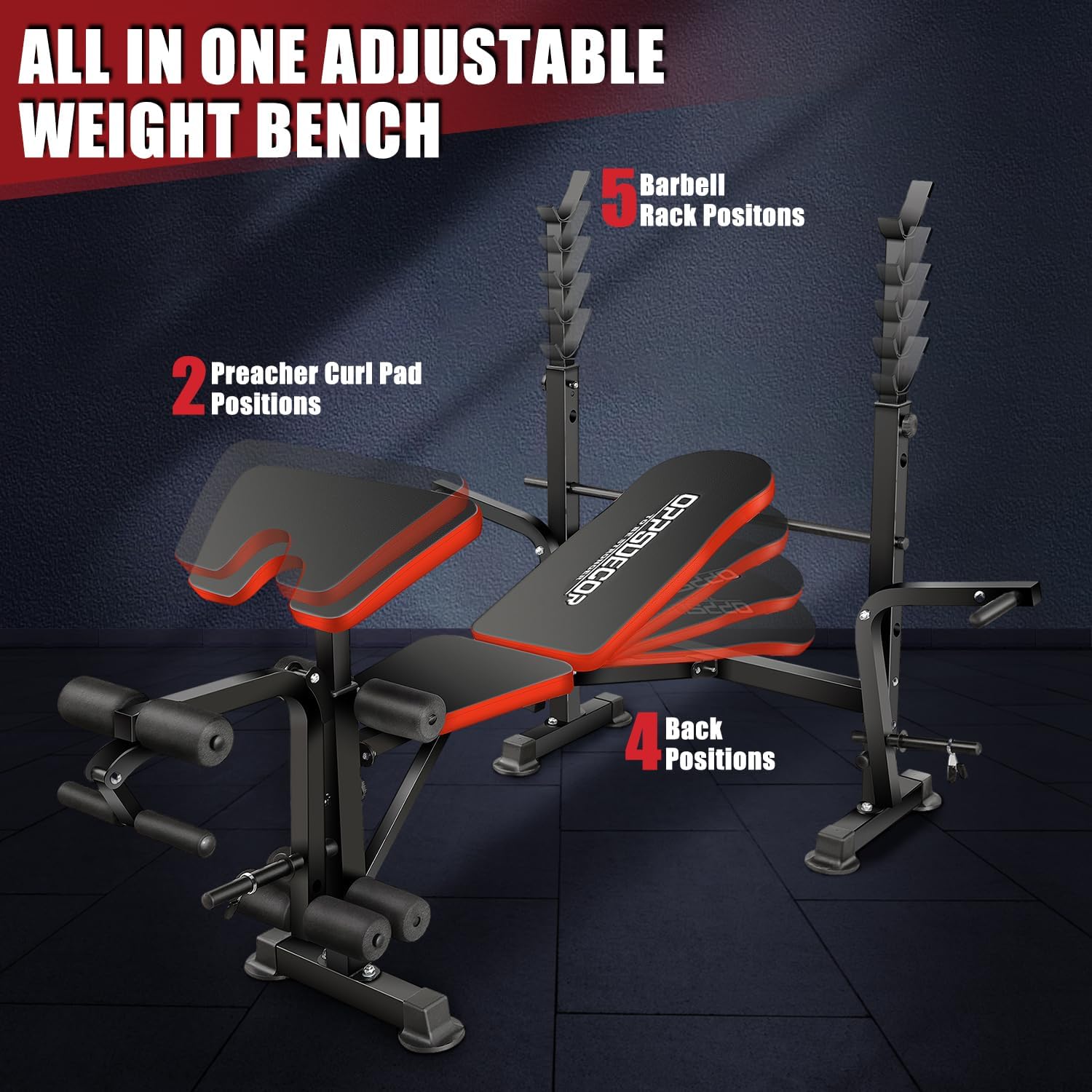 OPPSDECOR 660lbs 6 in 1 Weight Bench Set with Squat Rack, Workout Bench with Leg Extension Preacher Curl Rack Multi-Function Bench Press Set for Home Gym, ZWX1113 New Version Weight Bench