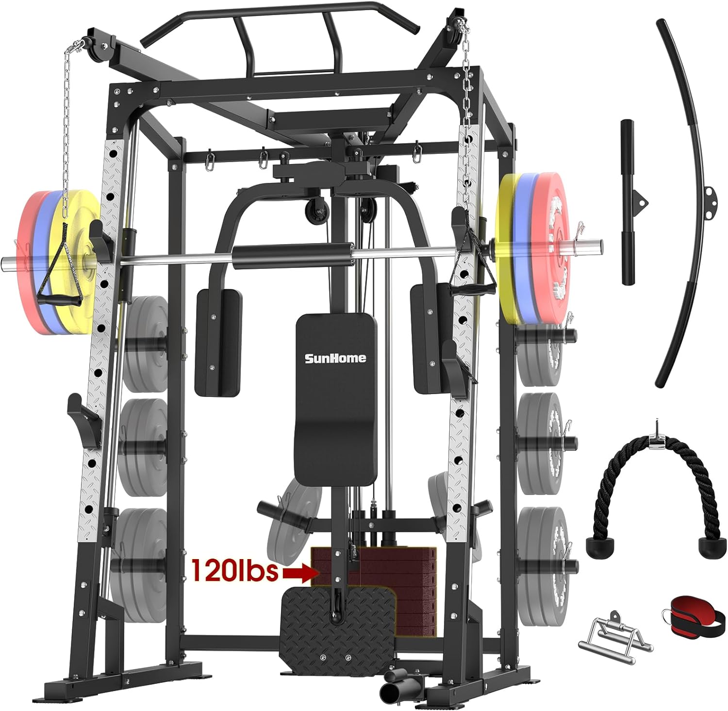 Smith Machine with 120LBS Weight Stack, Power Cage Squat Rack with Smith Bar, Two LAT Pull-Down Systems, Cable Crossover Machine and and More Cable Attachment for Home Gym