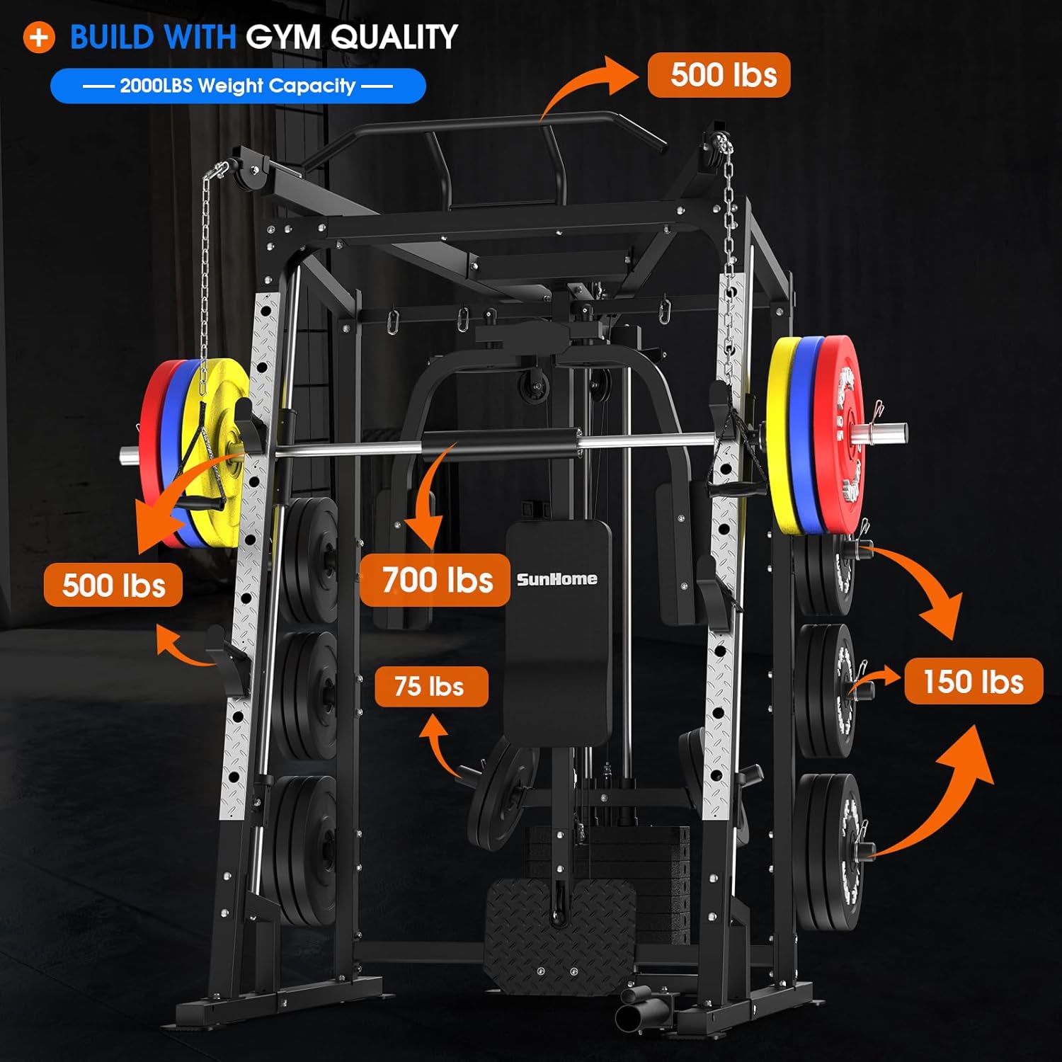 Smith Machine with 120LBS Weight Stack, Power Cage Squat Rack with Smith Bar, Two LAT Pull-Down Systems, Cable Crossover Machine and and More Cable Attachment for Home Gym