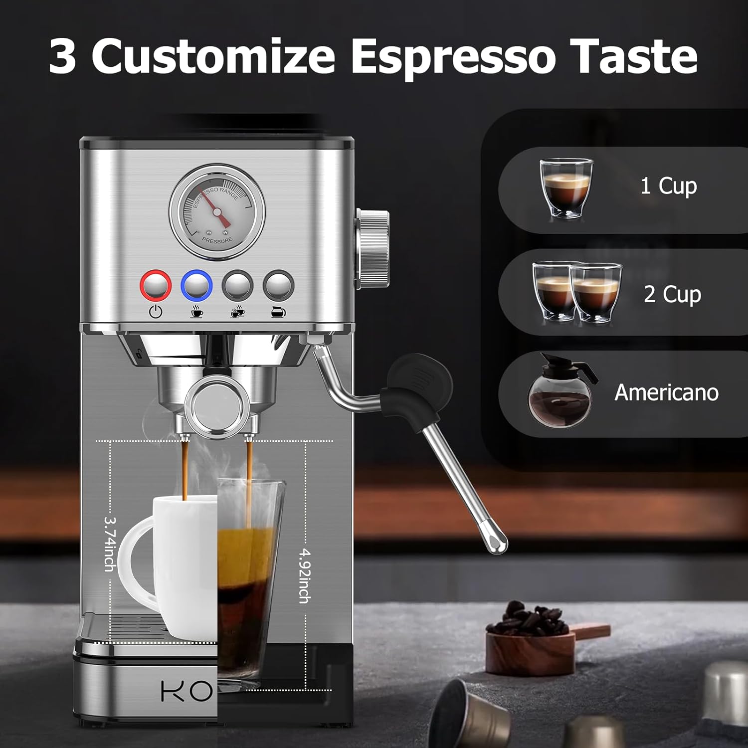 KOIOS Espresso Machines, Upgraded 1200W Espresso Maker with Foaming Steam Wand, 20 Bar Semi-Automatic Steam Espresso Coffee Maker for home, 58oz removable Water Tank, PID Control System