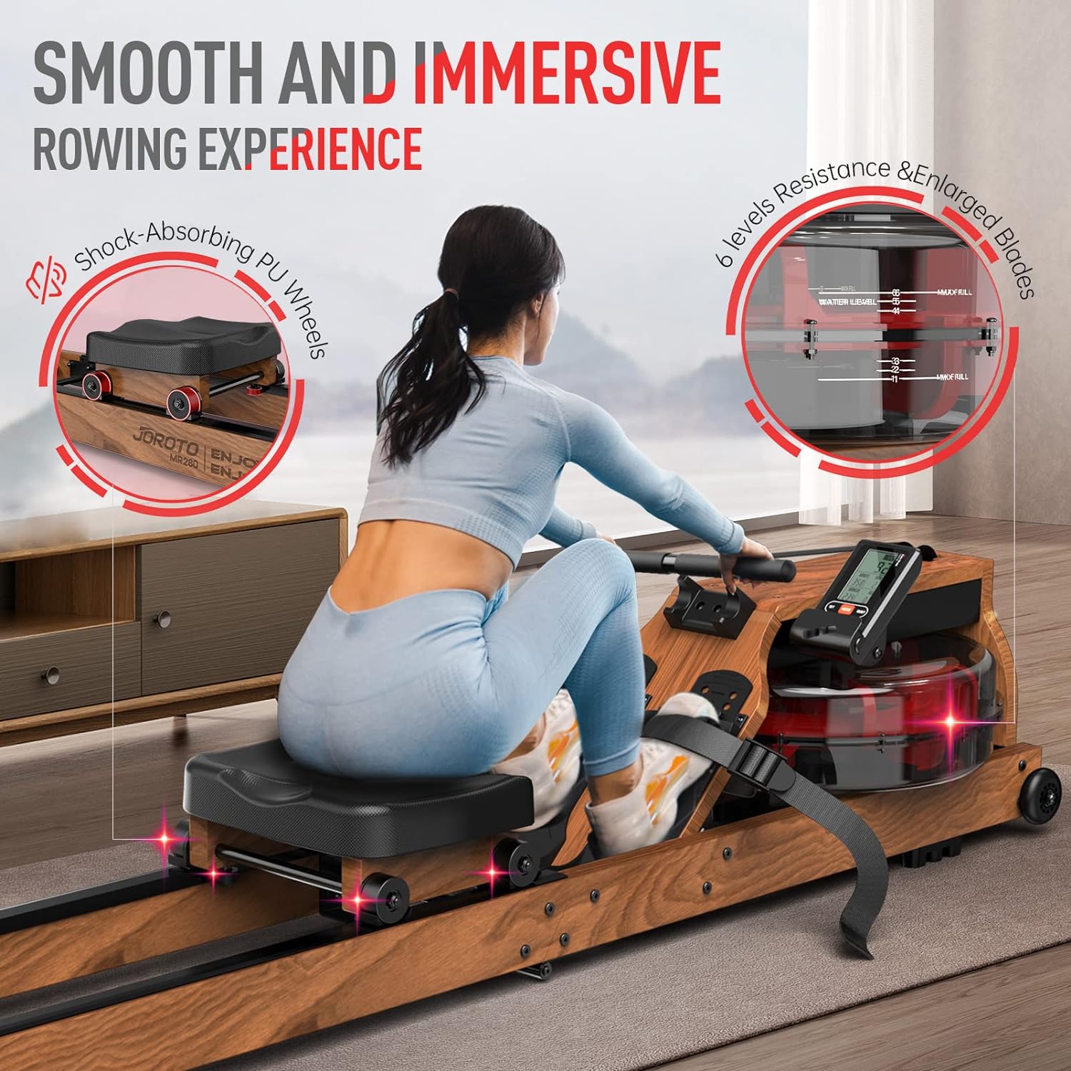 JOROTO Water Rowing Machine for Home Use, Oak Wood Foldable Rower Machine 330lbs Weight Capacity with Bluetooth Monitor, Phone Holder