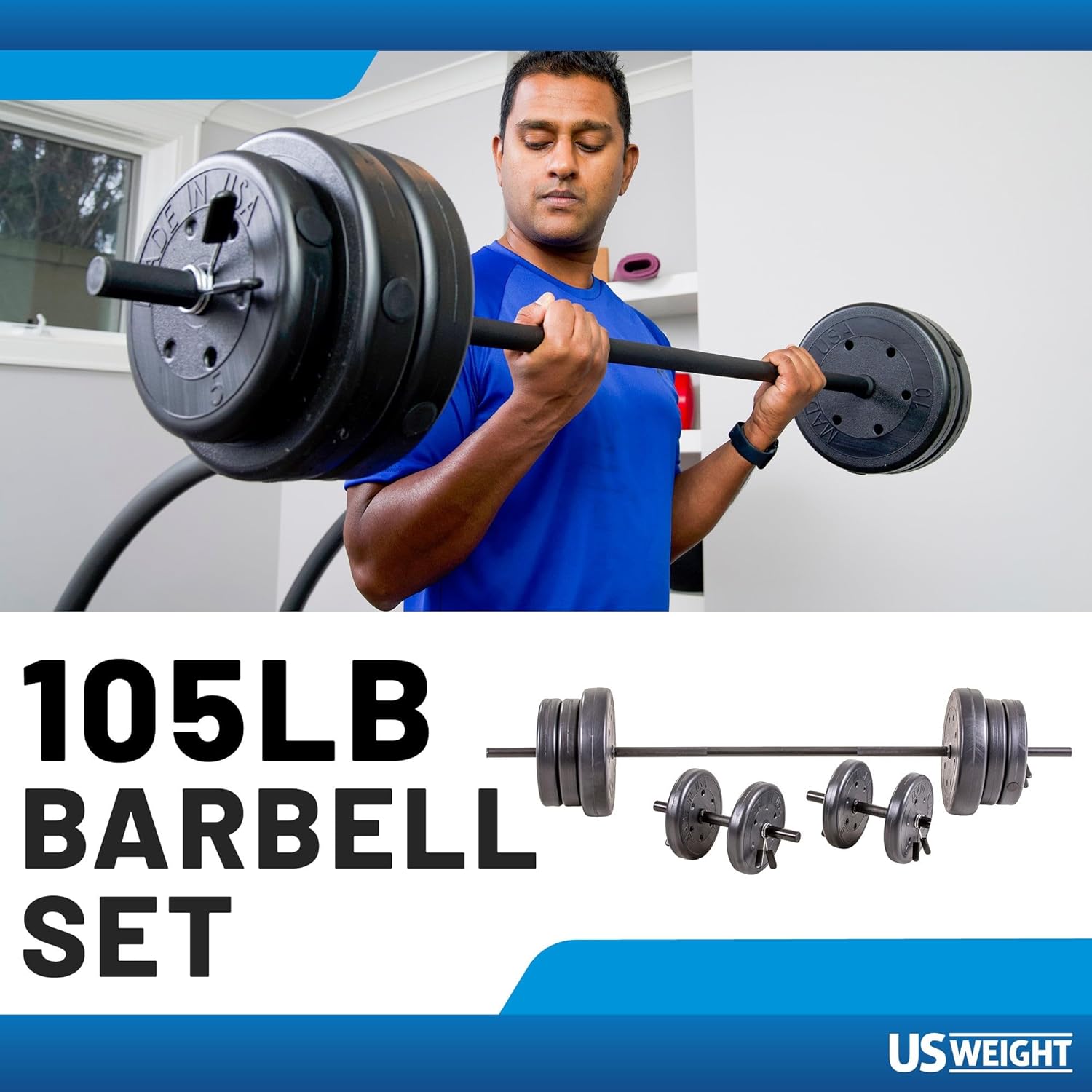 US Weight 105 lb Duracast Barbell Weight Set with two dumbbells and 6ft bar for home gym