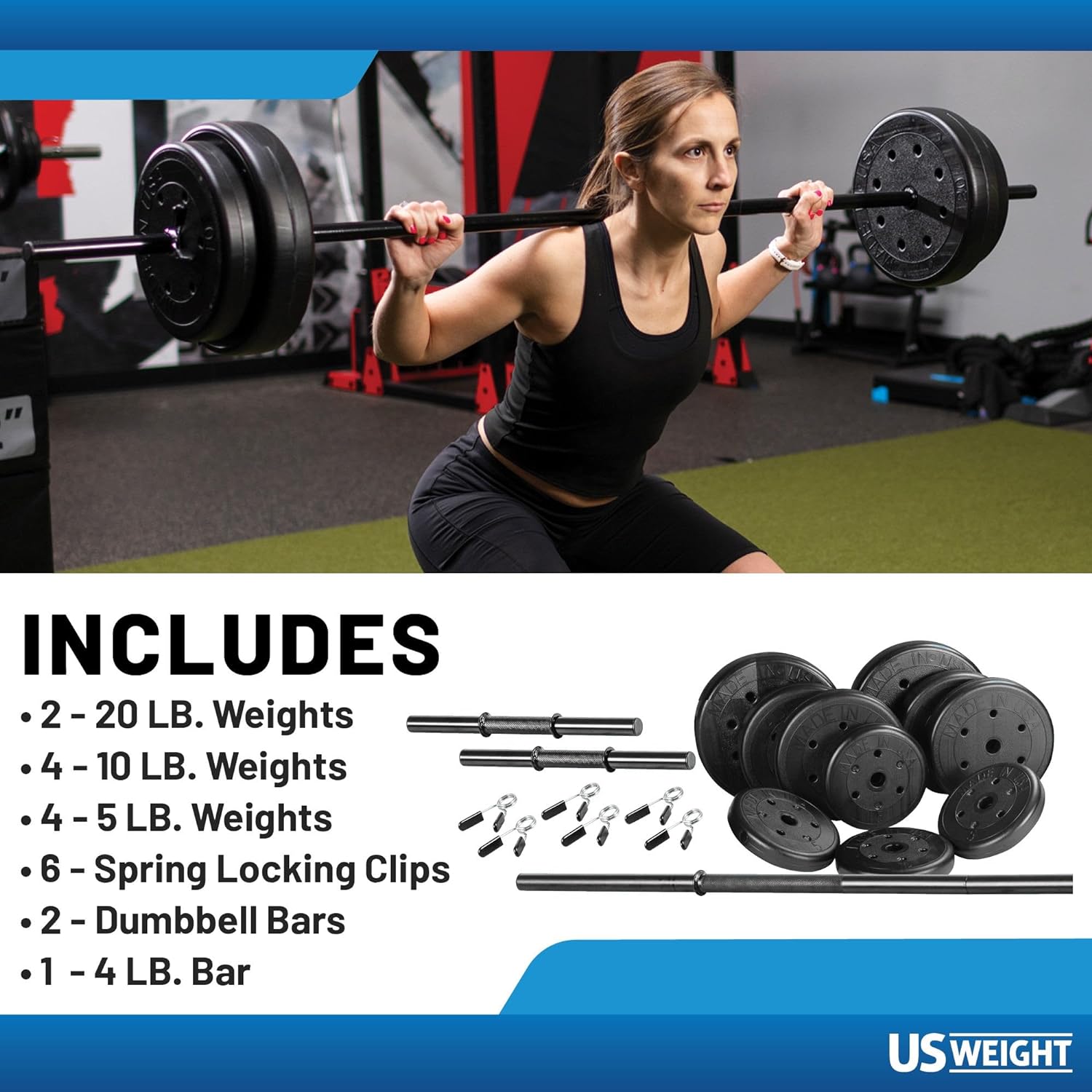 US Weight 105 lb Duracast Barbell Weight Set with two dumbbells and 6ft bar for home gym