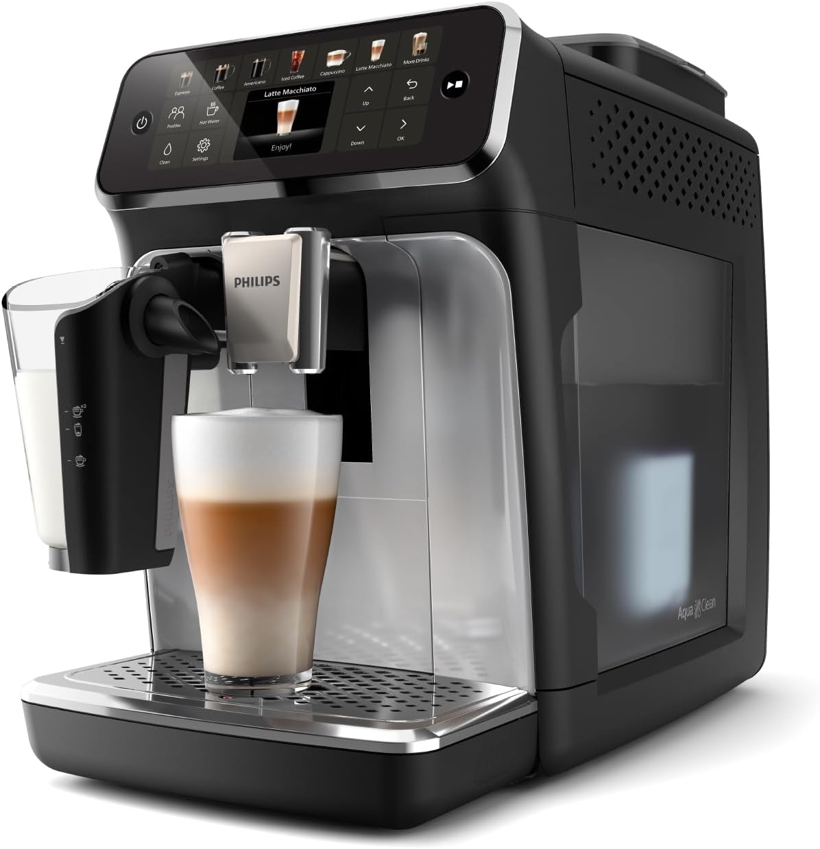 PHILIPS Series 4400 Fully Automatic LatteGo Espresso Machine, SilentBrew Technology, Quick Start. Aromatic Coffee from Freshly Ground Beans, 12 Hot and Iced Drinks, Black Chrome (EP4444/90)