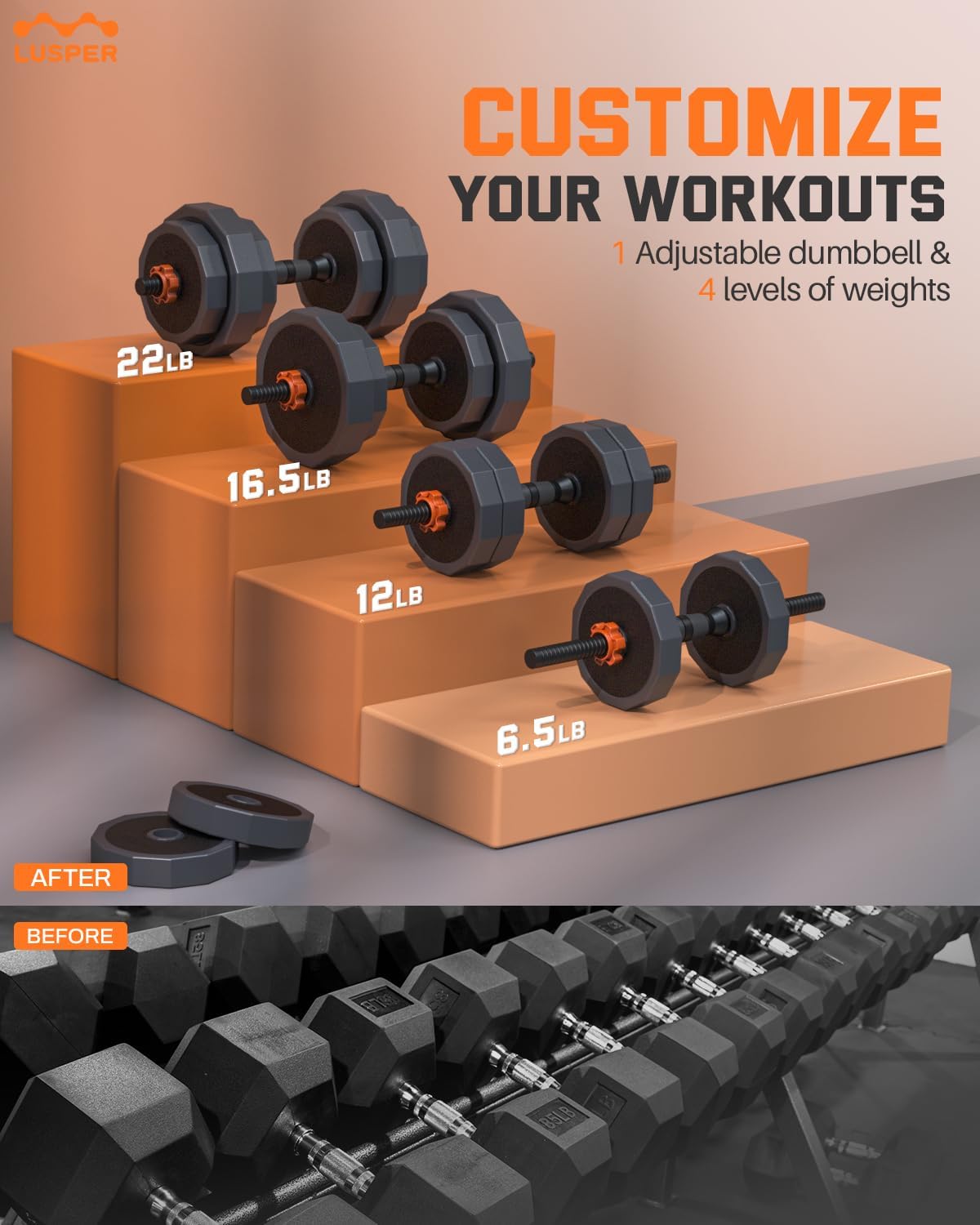 Lusper Adjustable Weights Dumbbells Set, 44LB/55LB/66LB Free Weights, 3 in 1 Mutiweight Dumbbell/Barbell/Kettlebell with Connector, Versatile Weight Set for Home Gym