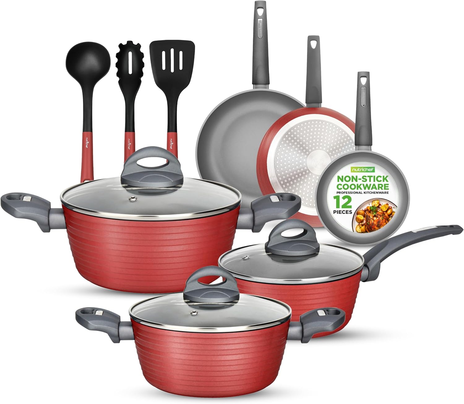 NutriChef 12-Piece Hard Anodized Nonstick Cookware Set - Induction Ready Pots & Pans with Elegant Ridge-Line Pattern, Heat-Resistant Lacquer, Red