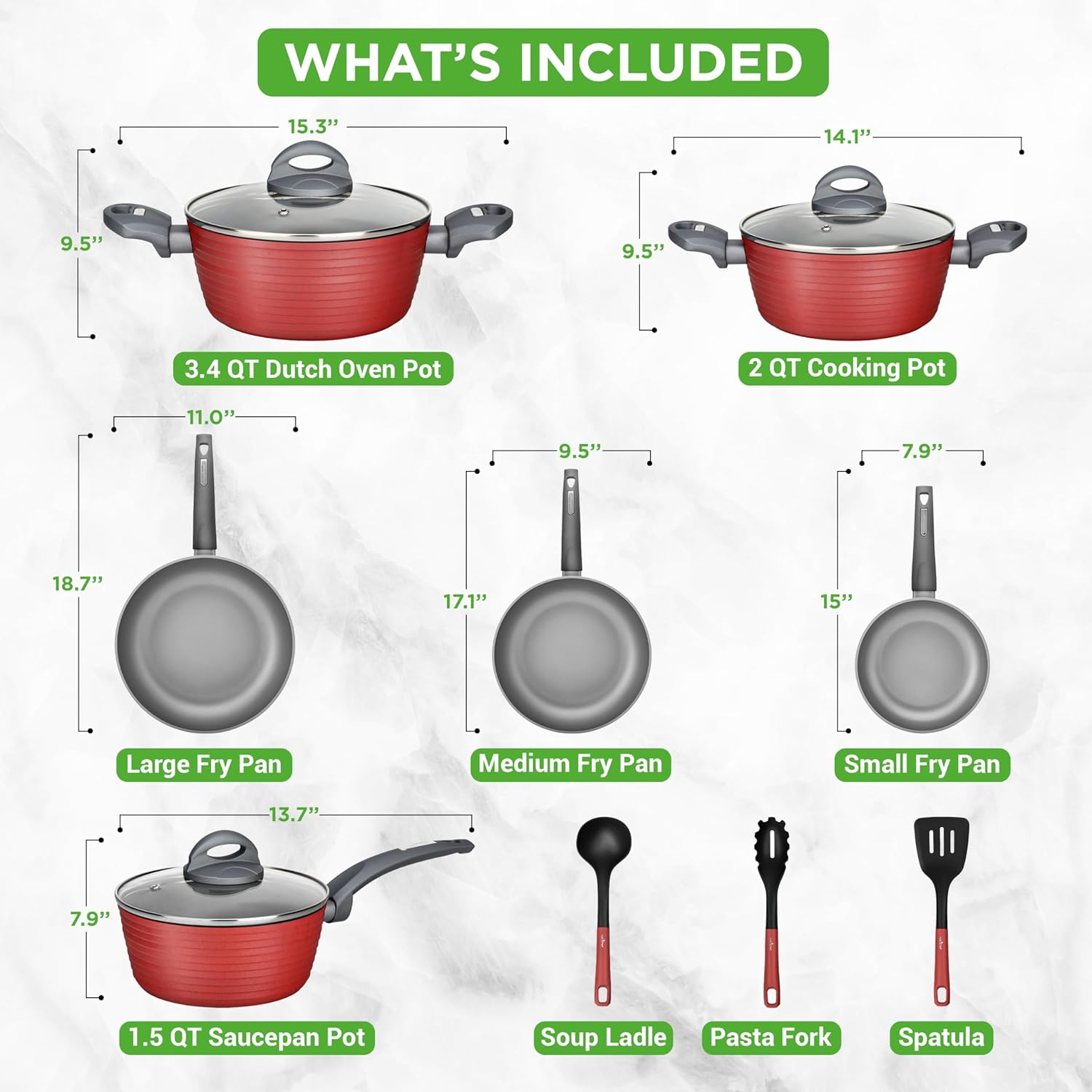 NutriChef 12-Piece Hard Anodized Nonstick Cookware Set - Induction Ready Pots & Pans with Elegant Ridge-Line Pattern, Heat-Resistant Lacquer, Red