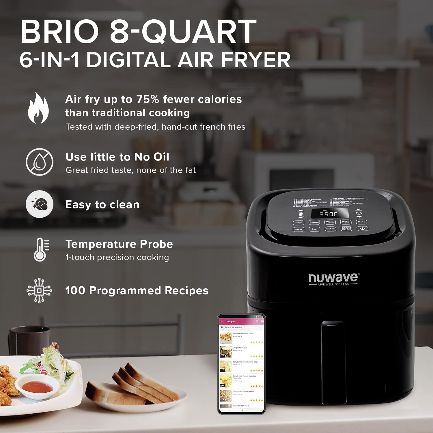 Nuwave Brio 8-Qt Air Fryer, Powerful 1800W, Easy-to-Read Cool White Display, 50°-400°F Temp Controls, 100 Pre-Programmed Presets & 50 Memory Slots, Integrated Smart Thermometer, Linear T Technology