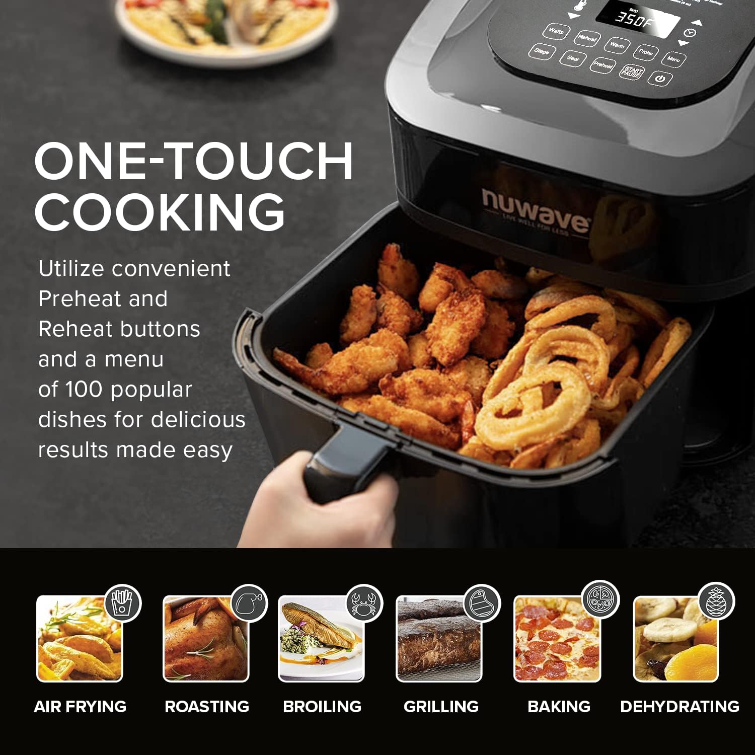 Nuwave Brio 8-Qt Air Fryer, Powerful 1800W, Easy-to-Read Cool White Display, 50°-400°F Temp Controls, 100 Pre-Programmed Presets & 50 Memory Slots, Integrated Smart Thermometer, Linear T Technology