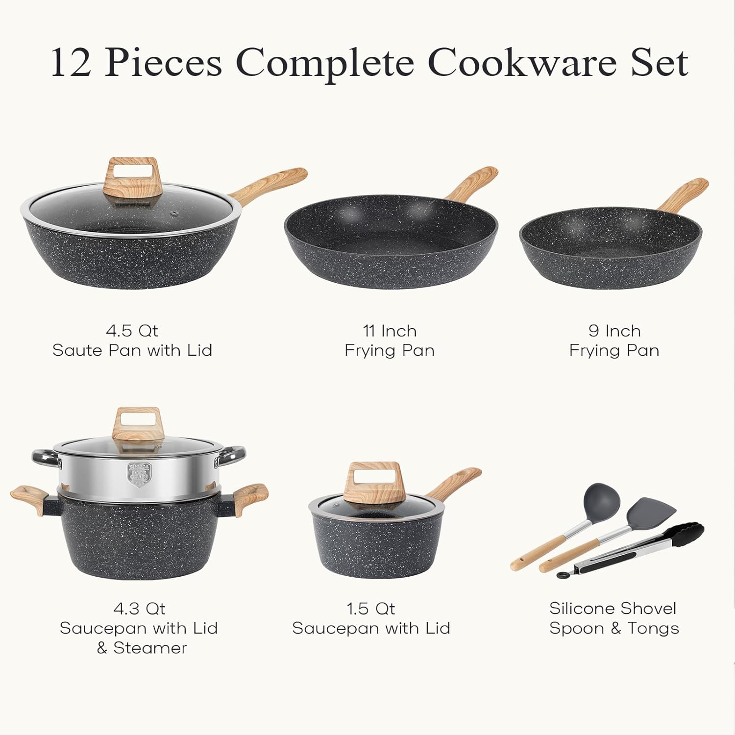 12pcs Pots and Pans Set Non Stick Kitchen Cookware Sets Induction Cookware Nonstick Granite Cooking Set with Frying Pans, Saucepans, Steamer Silicone Shovel Spoon & Tongs (Black)