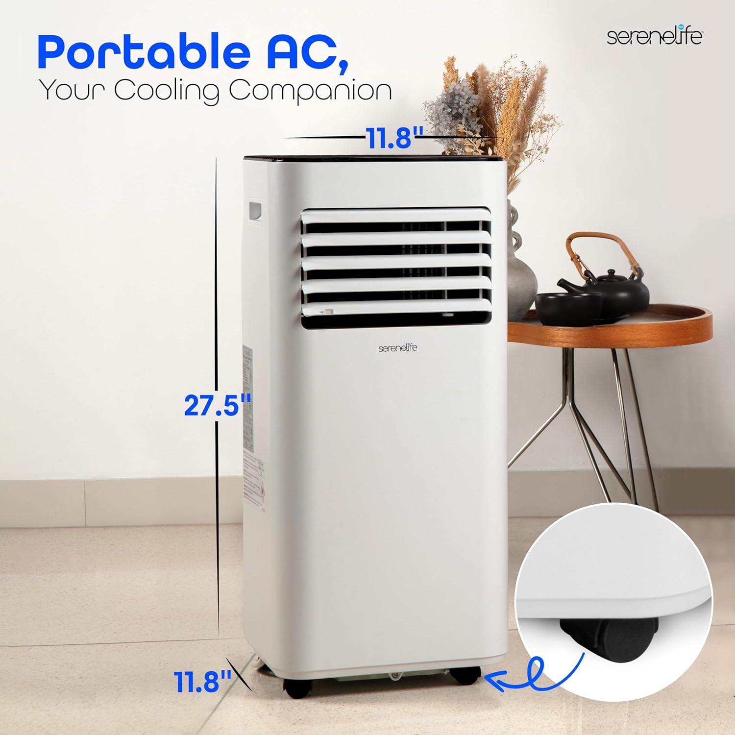 SereneLife 8000 BTU Portable Air Conditioner - 3-in-1 Compact Standing Air Conditioner for Room Up to 300 Sq. Ft. - Floor AC Unit with Remote Control - Universal Casters, Window Mount Kit