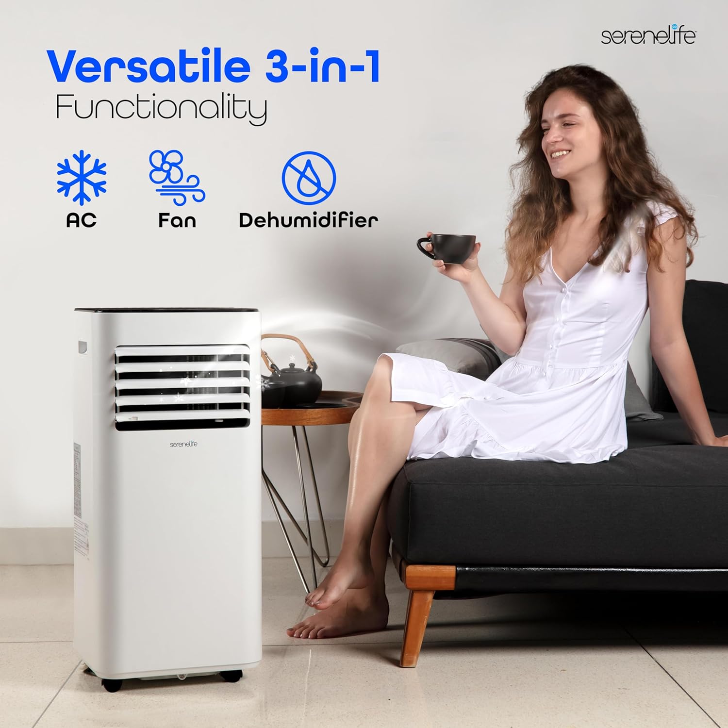 SereneLife 8000 BTU Portable Air Conditioner - 3-in-1 Compact Standing Air Conditioner for Room Up to 300 Sq. Ft. - Floor AC Unit with Remote Control - Universal Casters, Window Mount Kit