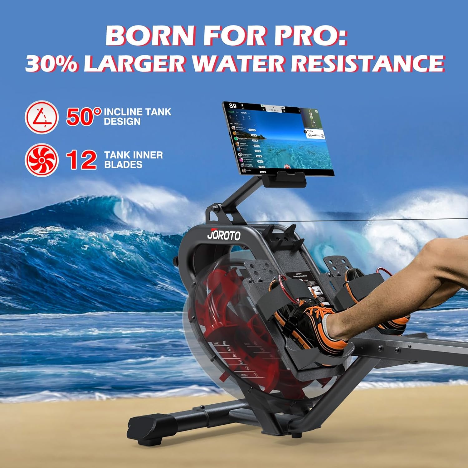 JOROTO Water Rowing Machine for Home Use, 50°Incline Enhanced Resistance Rower 330 Lbs Weight Capacity with Bluetooth Connection, 44 Days Kinomap APP Membership