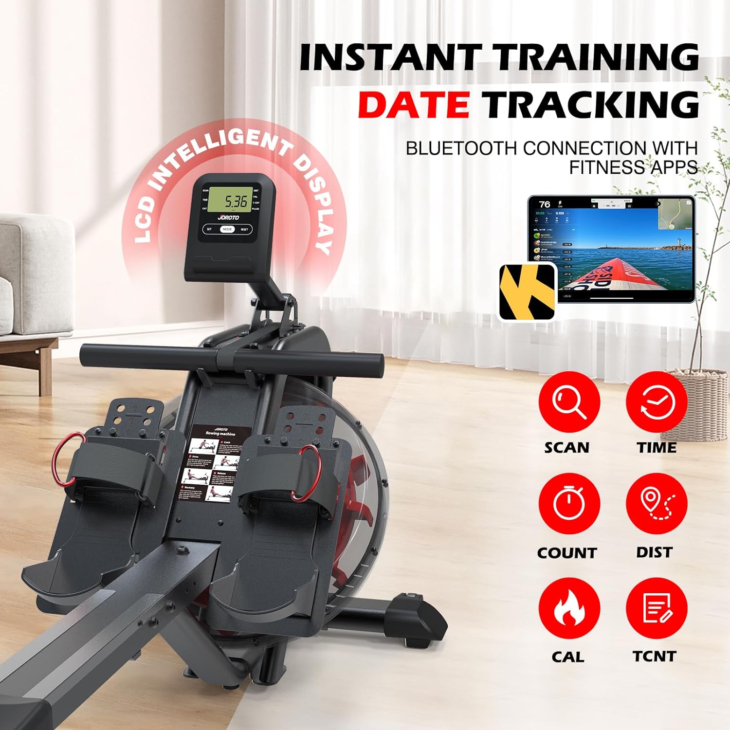 JOROTO Water Rowing Machine for Home Use, 50°Incline Enhanced Resistance Rower 330 Lbs Weight Capacity with Bluetooth Connection, 44 Days Kinomap APP Membership