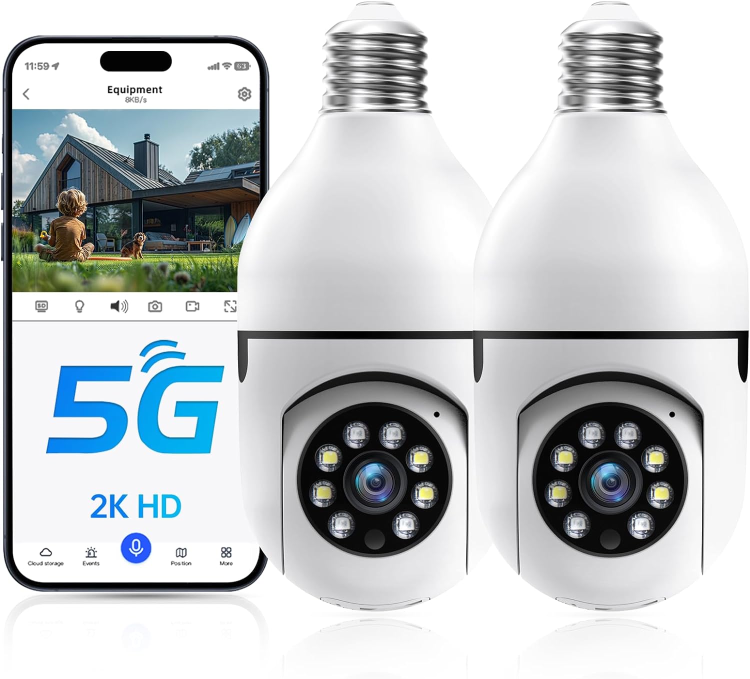 Light Bulb Security Cameras Wireless Outdoor - 5G&2.4G wifi bulb Cameras for Home Security Outside Indoor, Full-Color Night Vision, Siren Alarm, 24/7 Recording Bulb Camera Work with Alex (2 Pack)