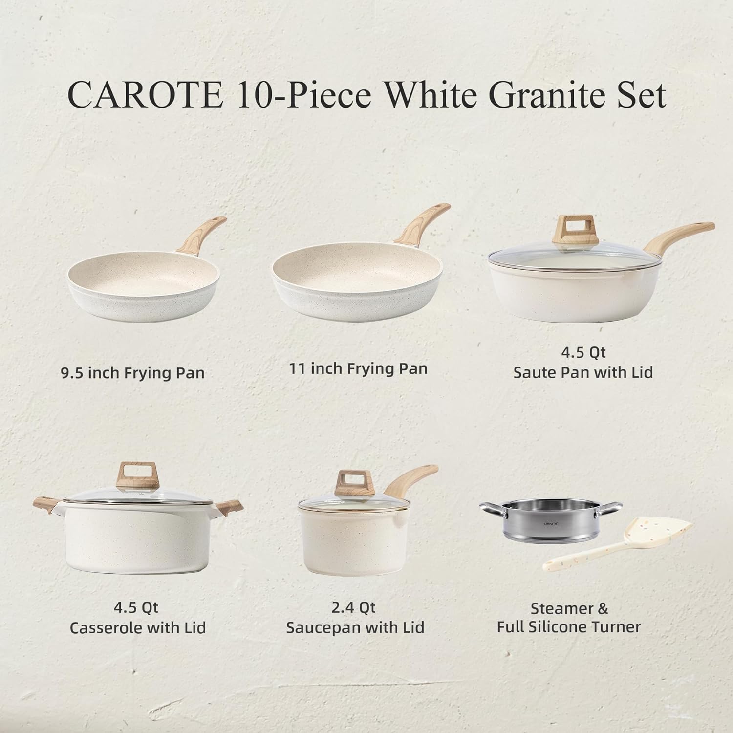 CAROTE Pots and Pans Set Nonstick, White Granite Induction Kitchen Cookware Set, 10 Pcs Non Stick Cooking Set w/Frying Pans & Saucepans(PFOS, PFOA Free)